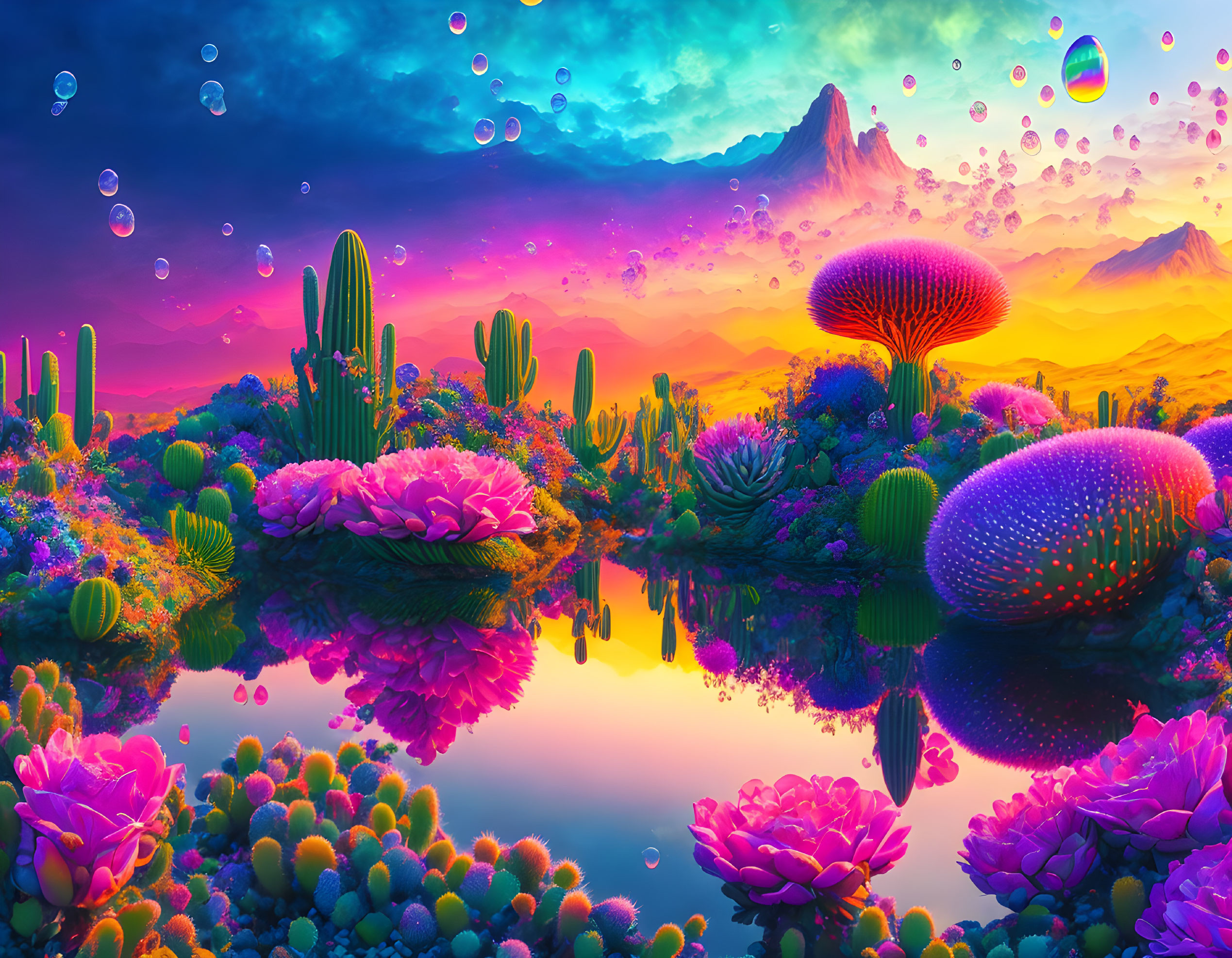 Colorful sunset sky over surreal cacti landscape with reflective water