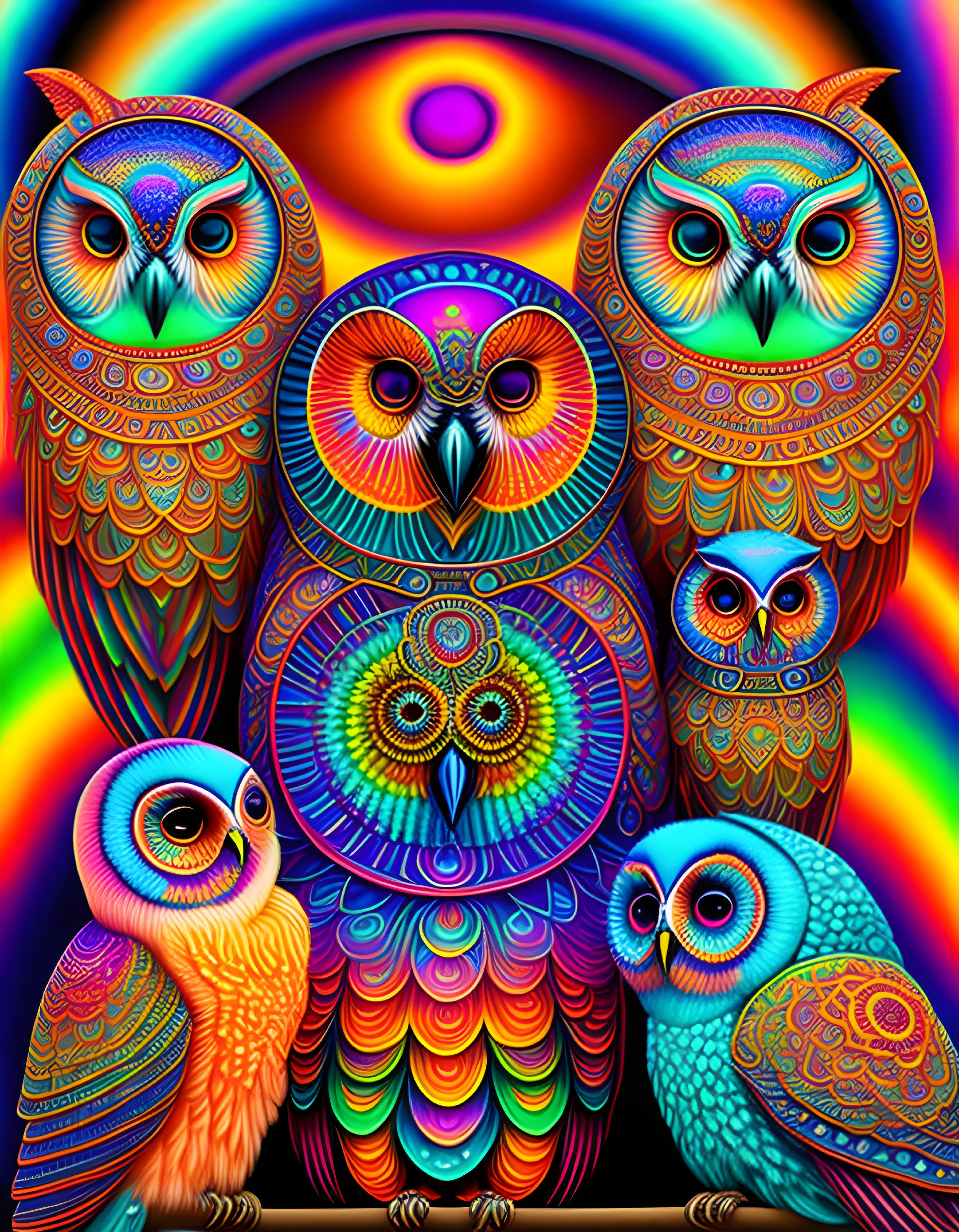 Colorful digital artwork: Five stylized owls in intricate patterns on vibrant, swirling background