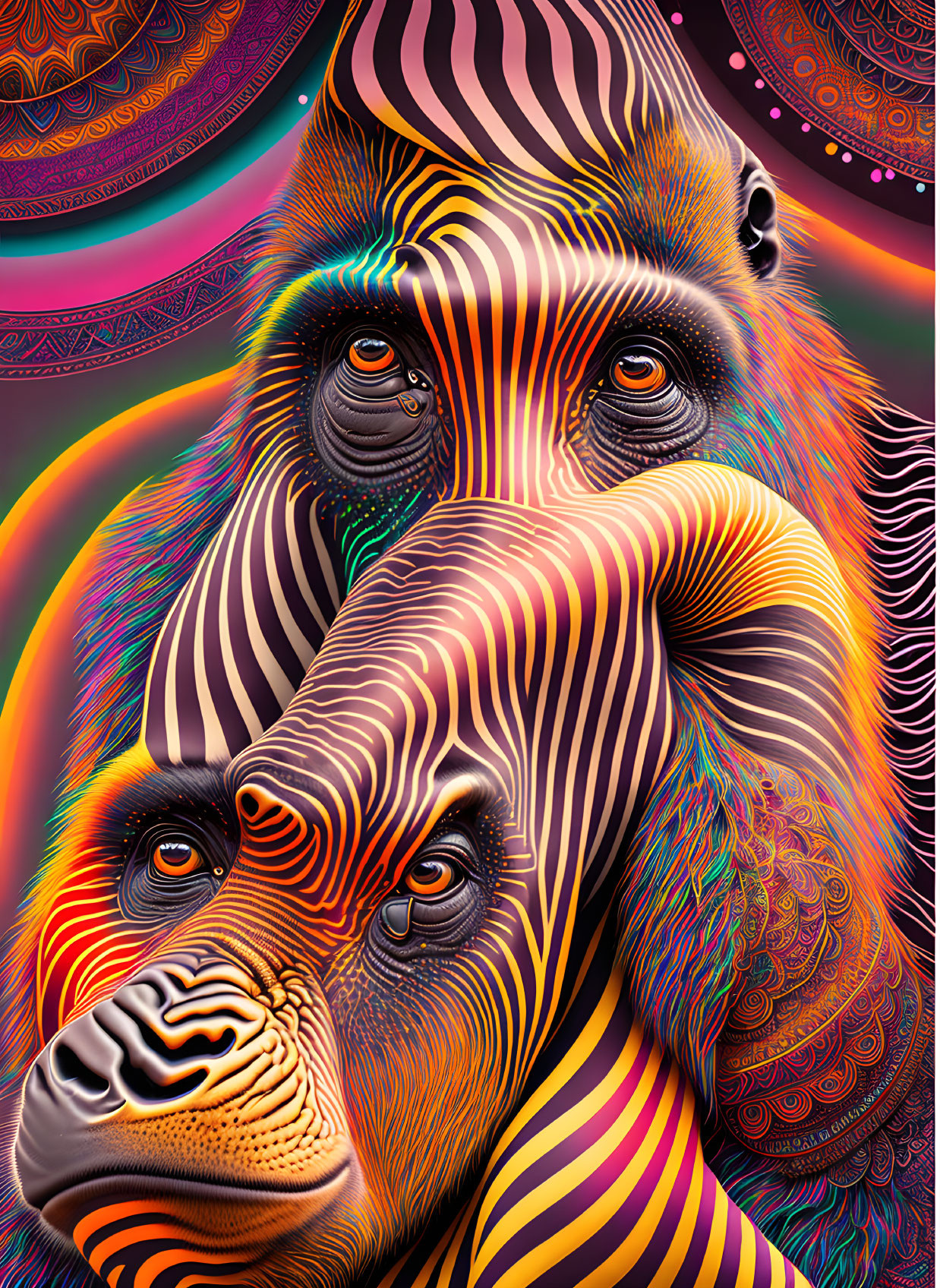 Vibrant psychedelic gorilla faces with striped patterns on circular background