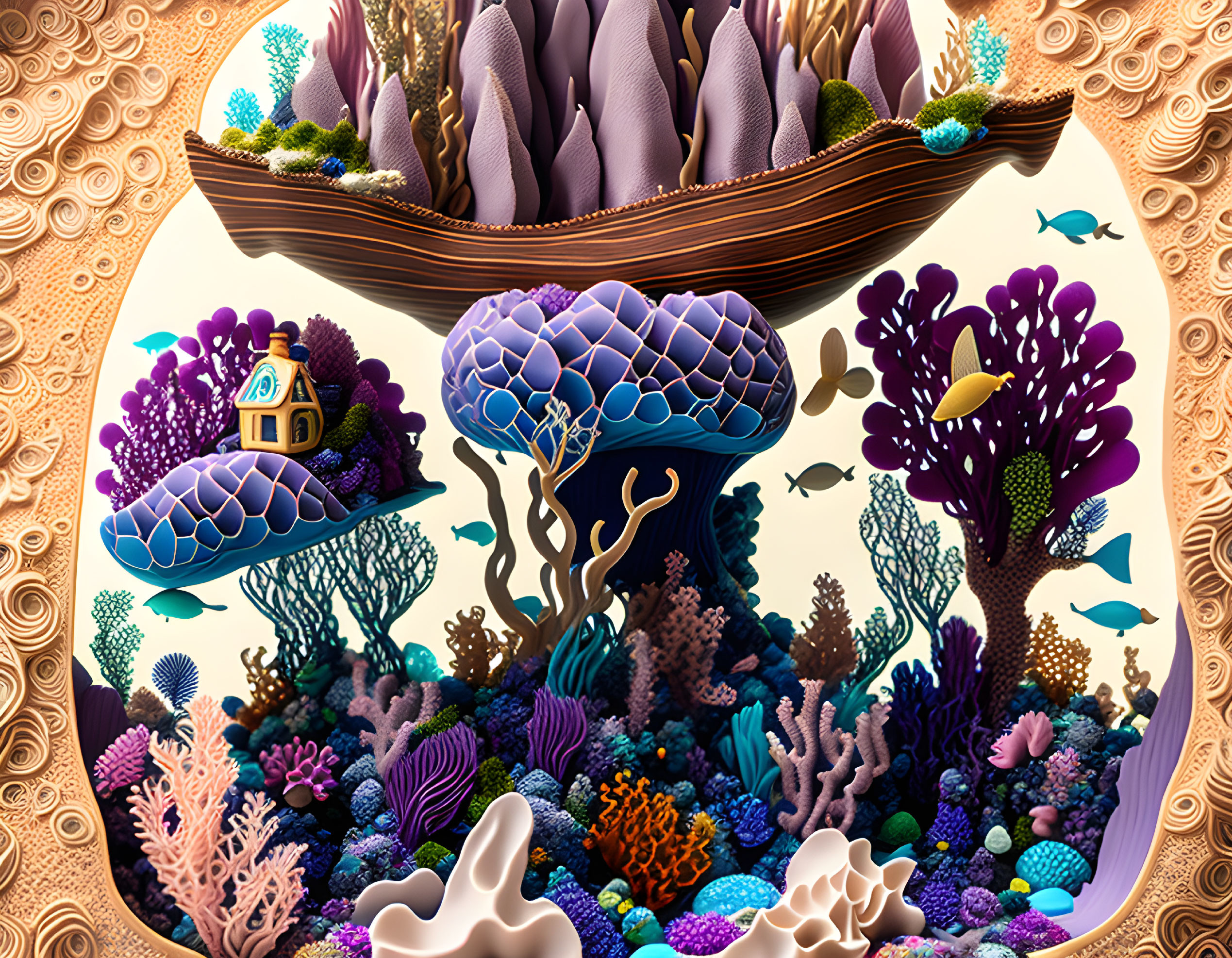 Colorful Underwater Scene with Boat, Corals, Fish, and Tiny House