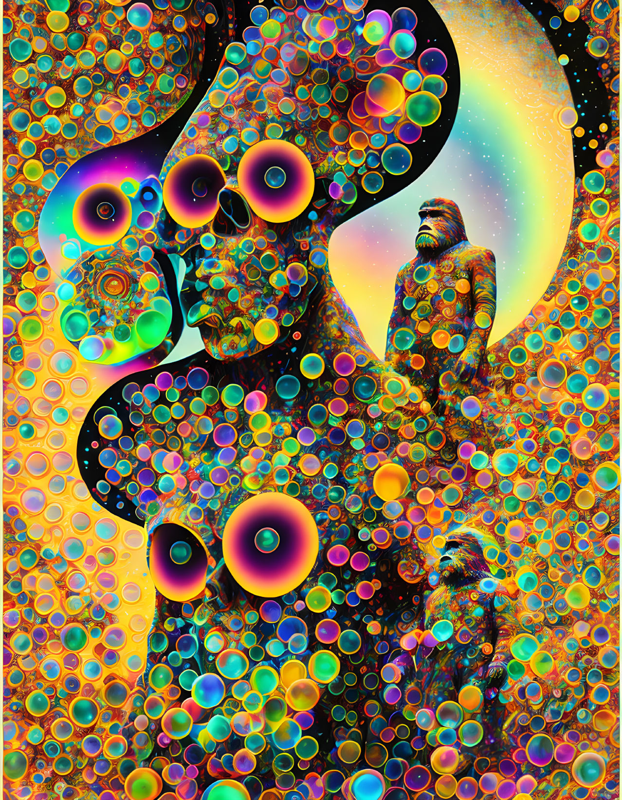 Colorful Psychedelic Portrait with Person, Gorillas, and Bubble Patterns on Crescent Moon Background