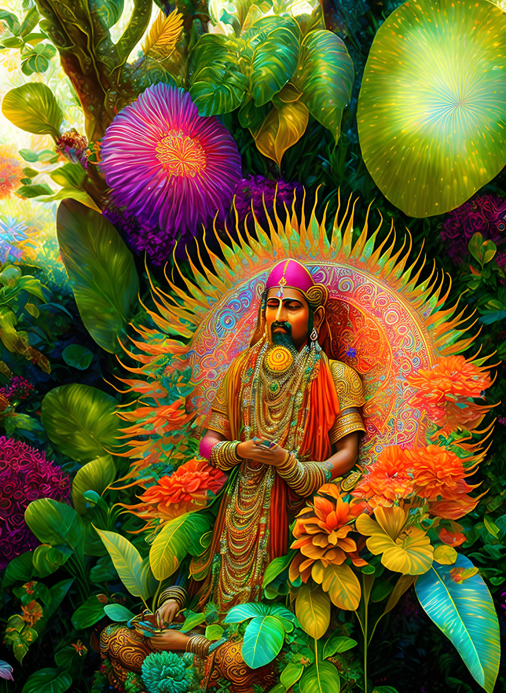 Colorful royal figure surrounded by lush flora and golden attire.