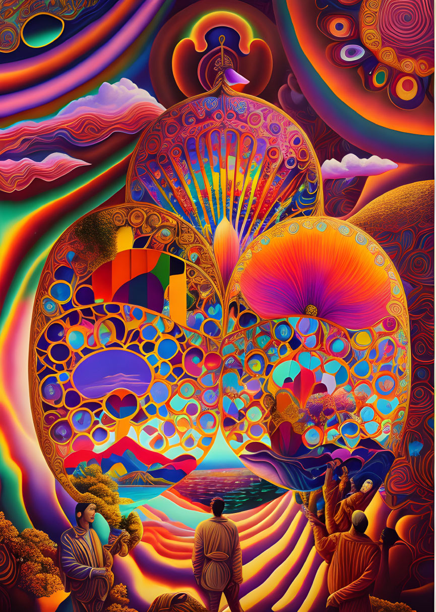 Colorful Psychedelic Artwork with Abstract Patterns & Human Figures