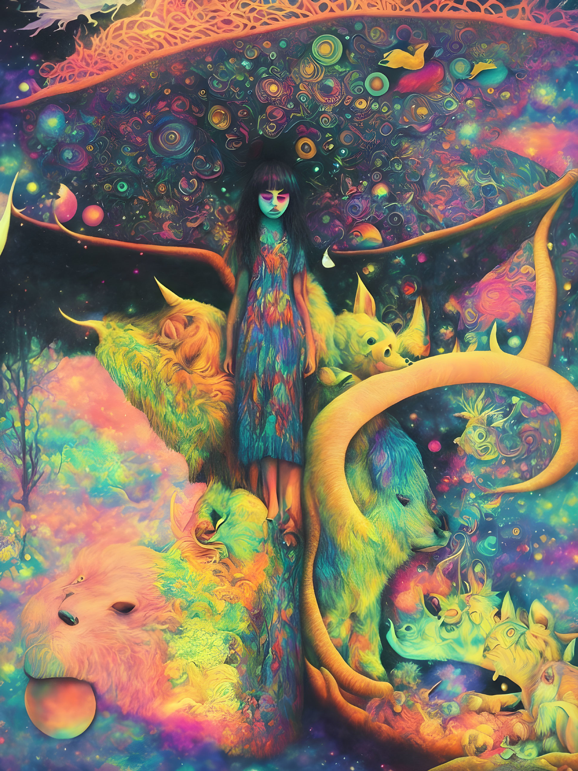 Colorful psychedelic illustration: Girl with creatures in whimsical landscape