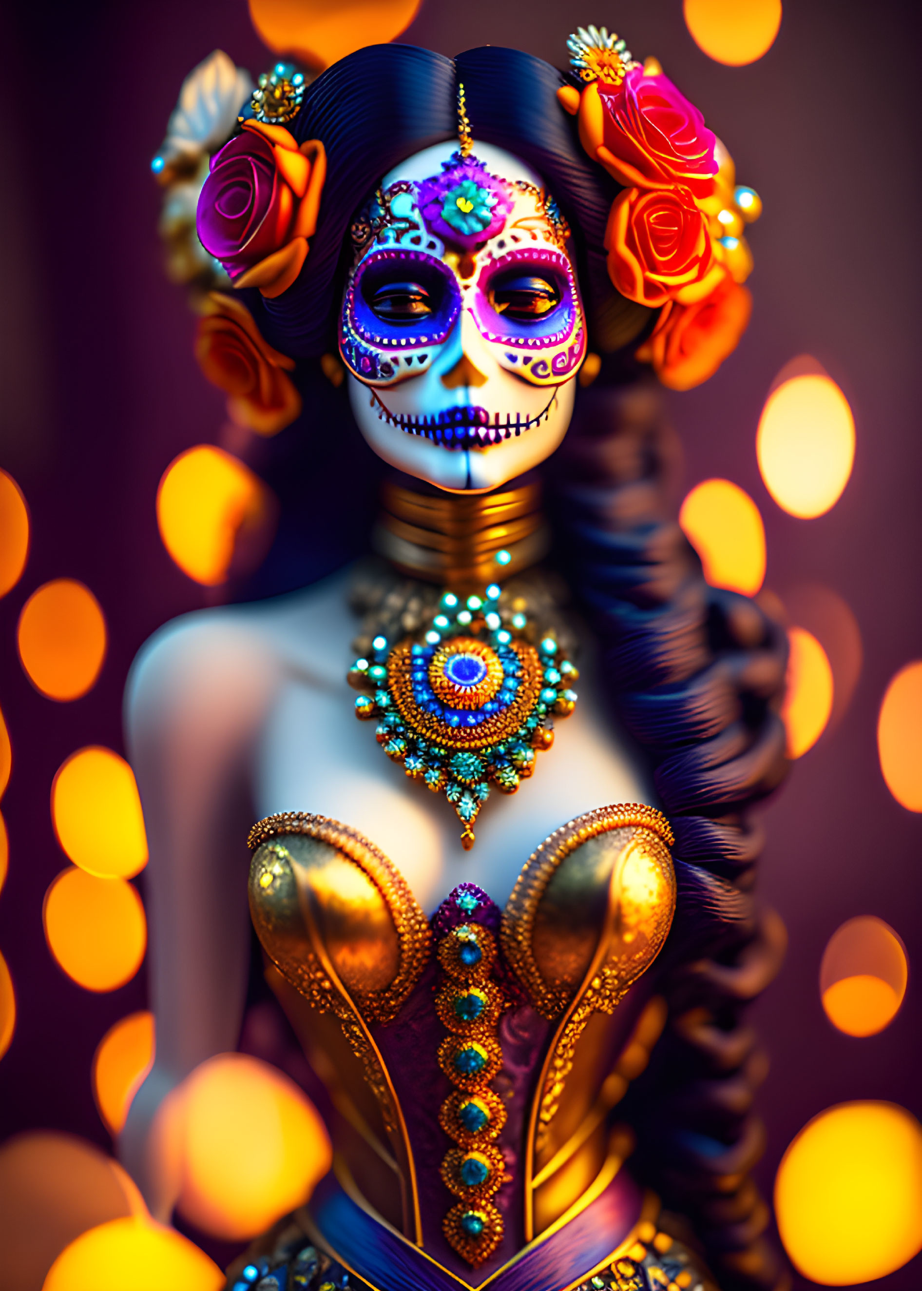 Vibrant Day of the Dead figure with colorful makeup and jewelry