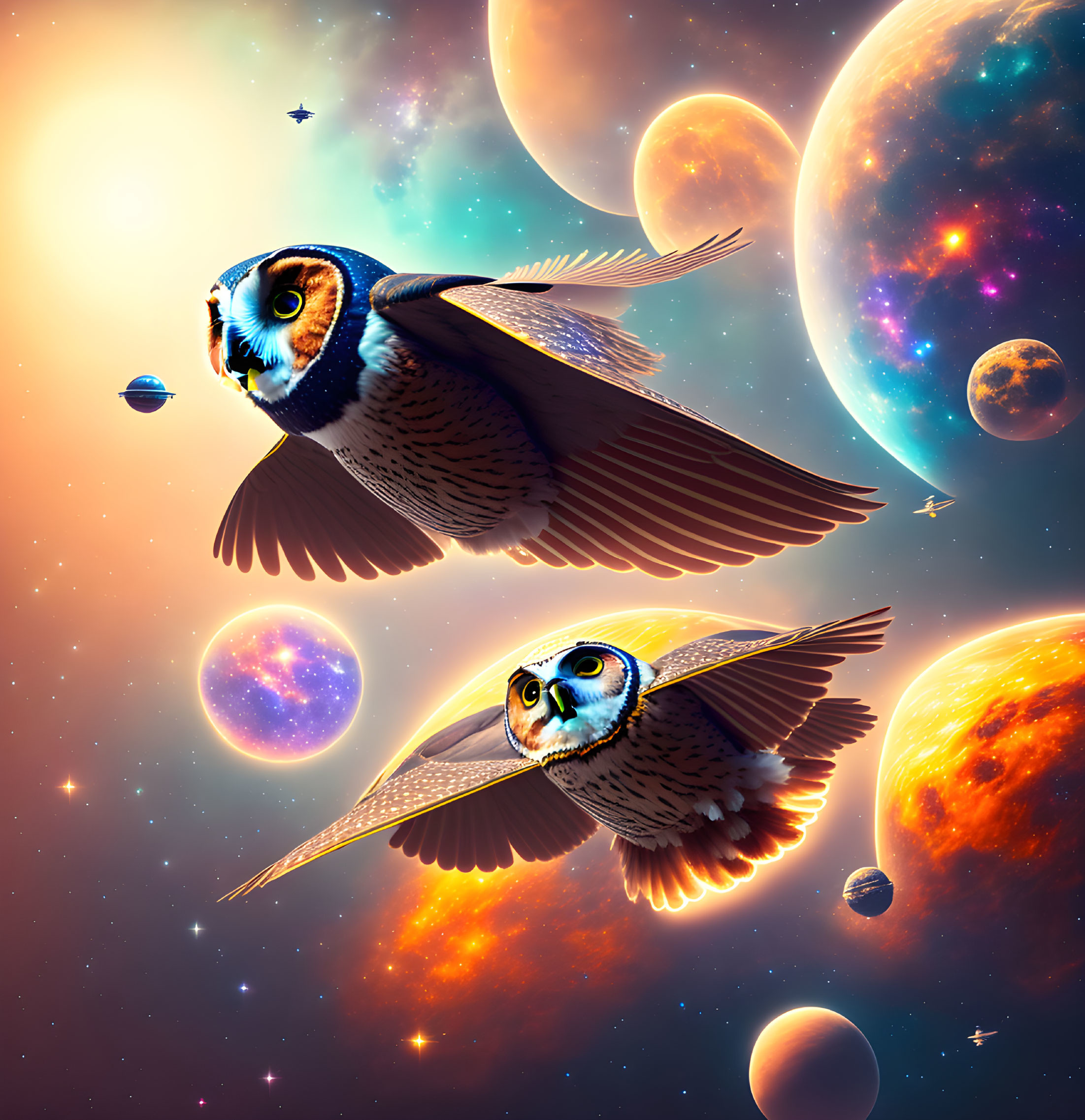 Vibrant cosmic landscape with two flying owls