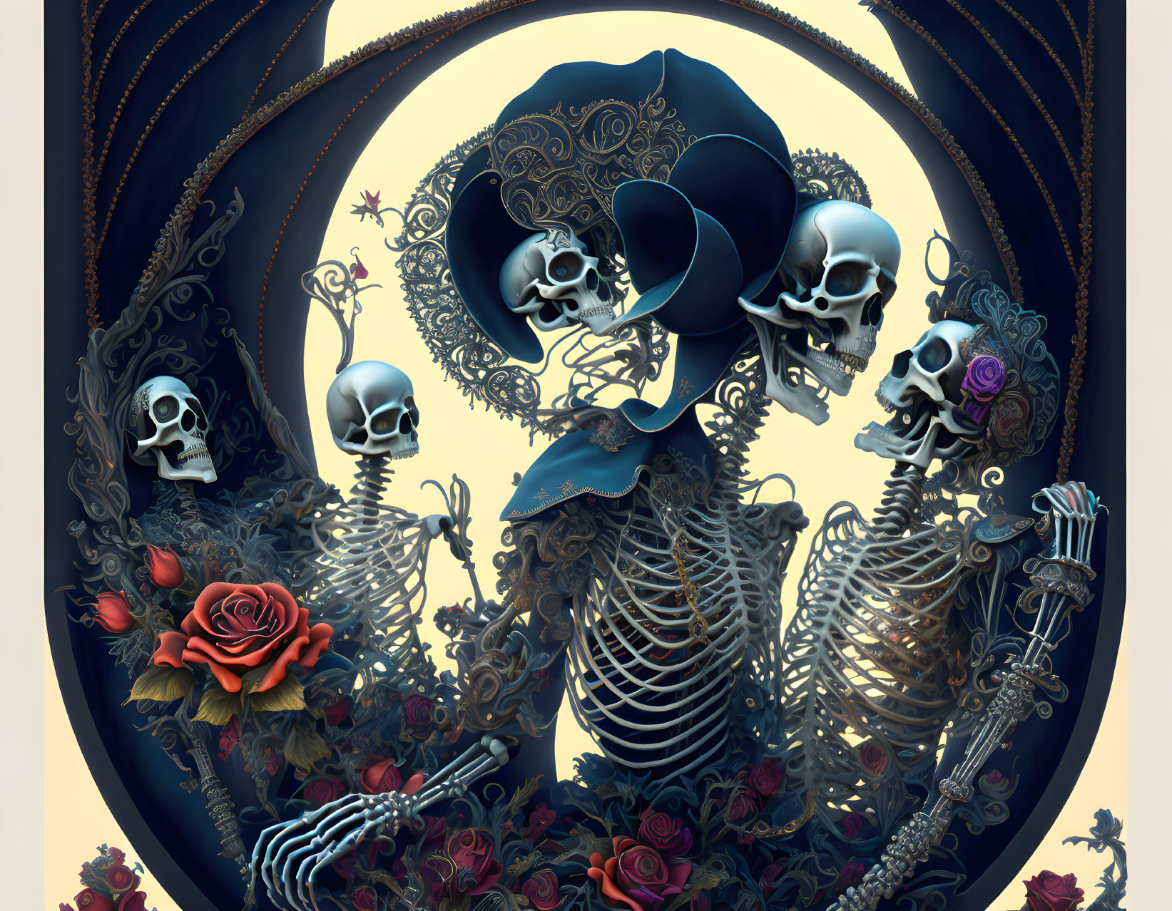 Gothic symmetrical composition of skeletons, roses, skulls, and patterns