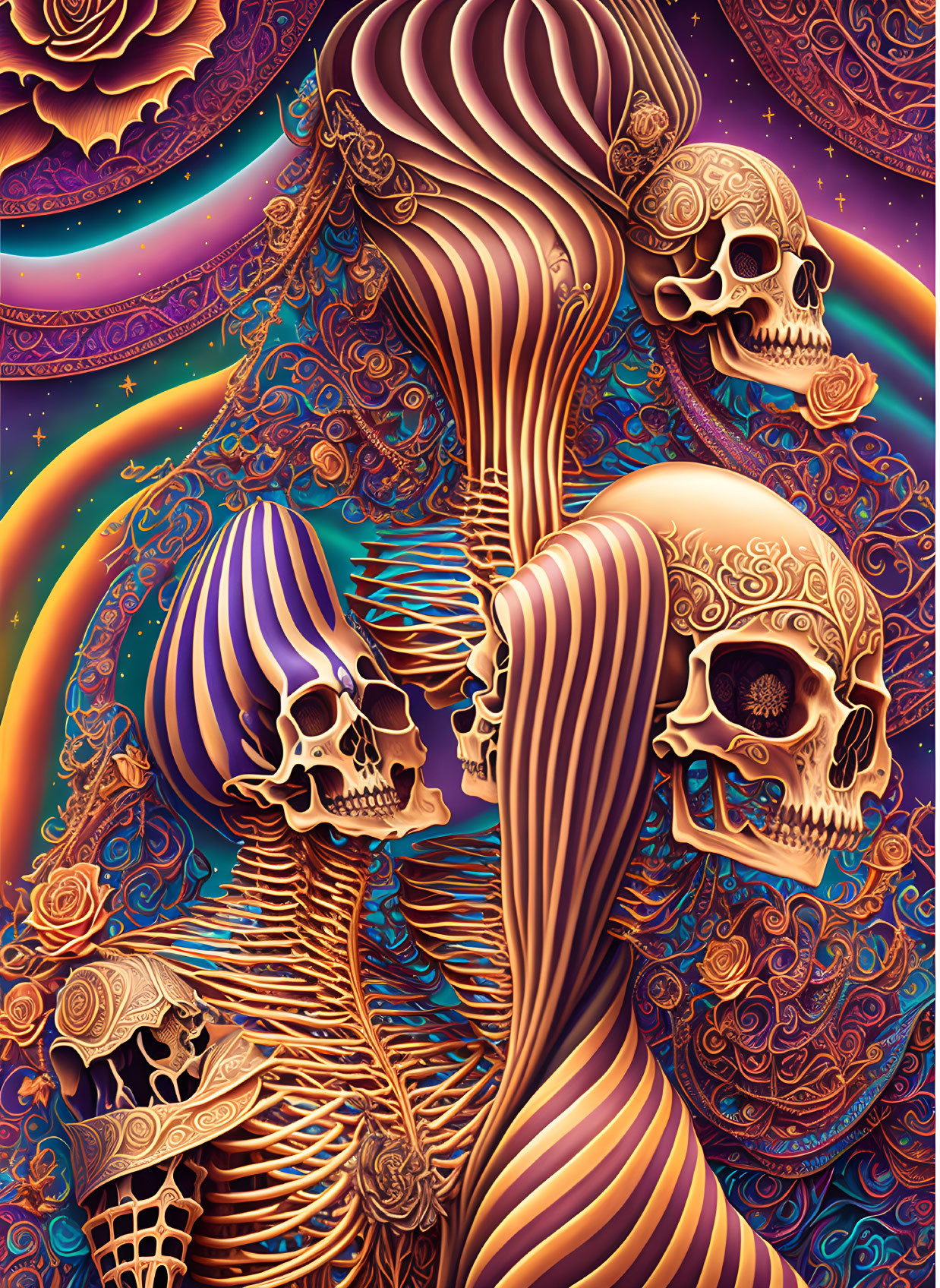 Colorful psychedelic human skull art on cosmic background