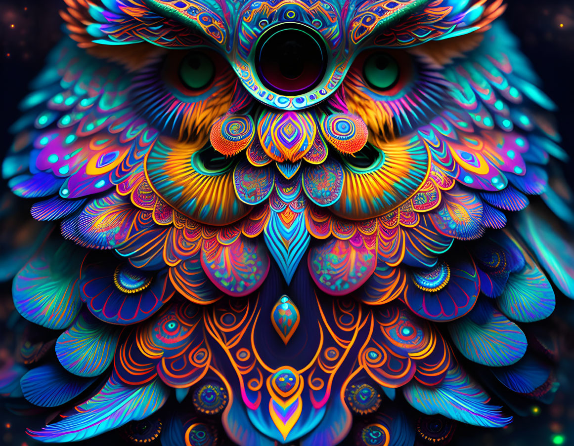 Colorful Owl Illustration with Psychedelic Patterns on Dark Background