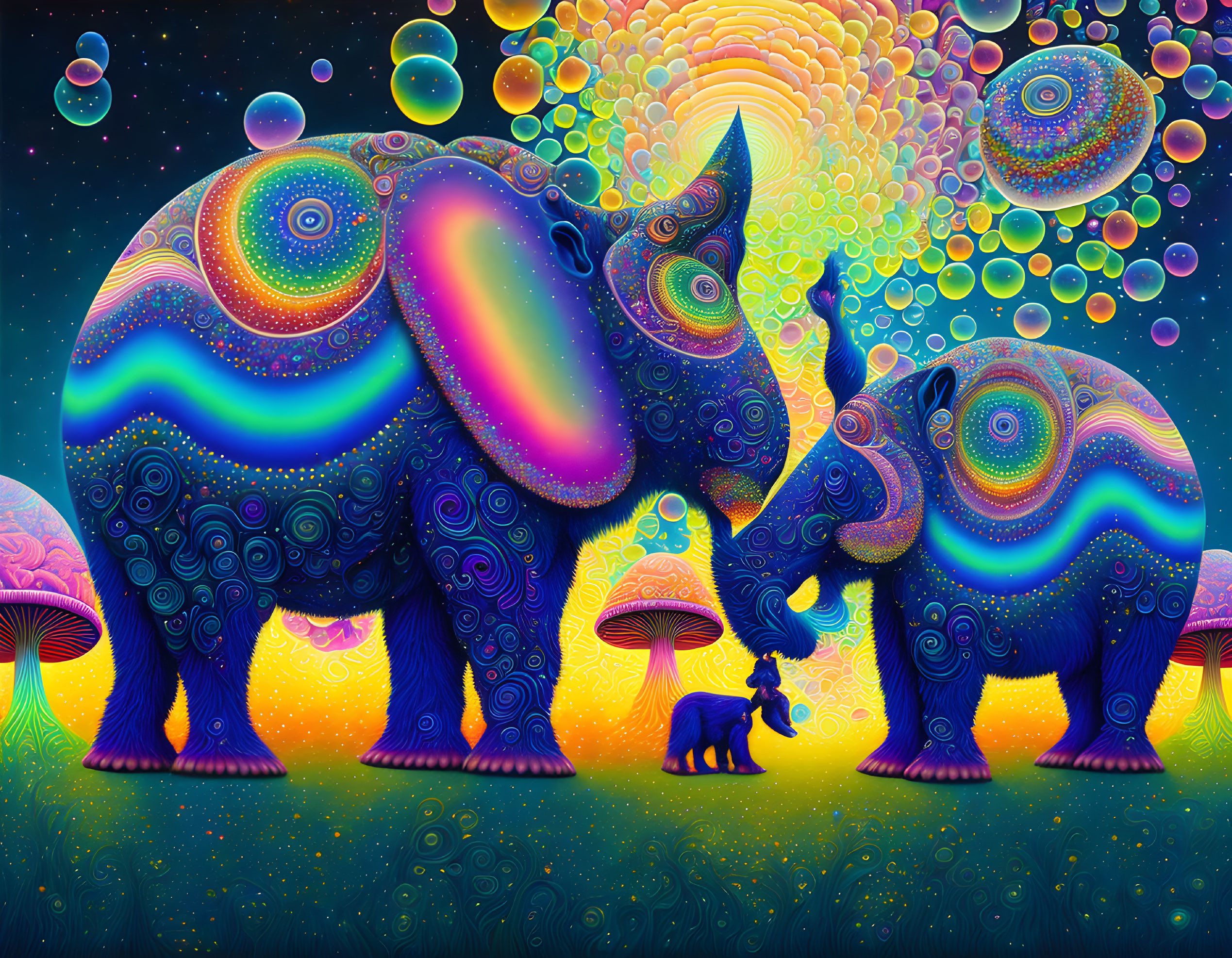 Colorful Psychedelic Artwork: Ornate Elephants, Swirling Sky, Mushrooms