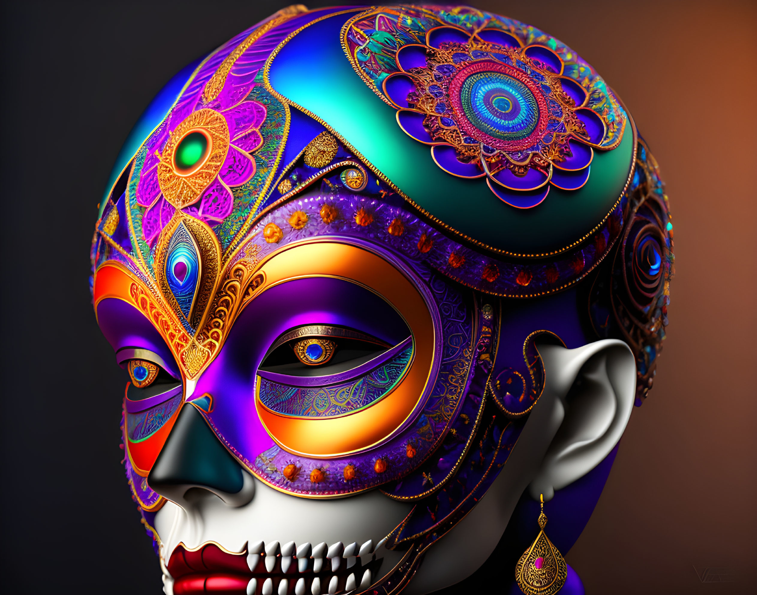 Colorful Decorated Mask with Skeleton-like Jaw and Intricate Patterns