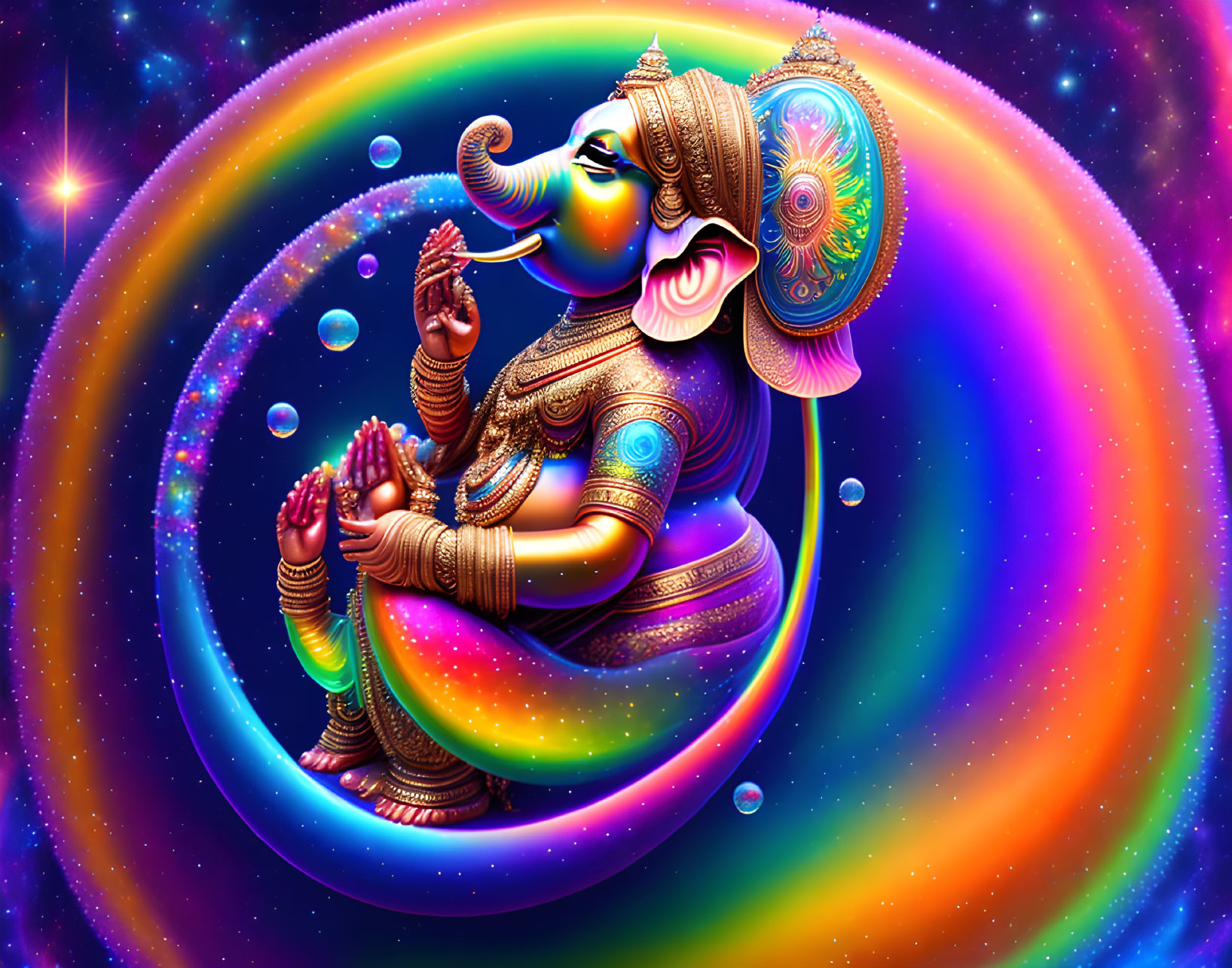 Vibrant Lord Ganesha Artwork with Cosmic Background