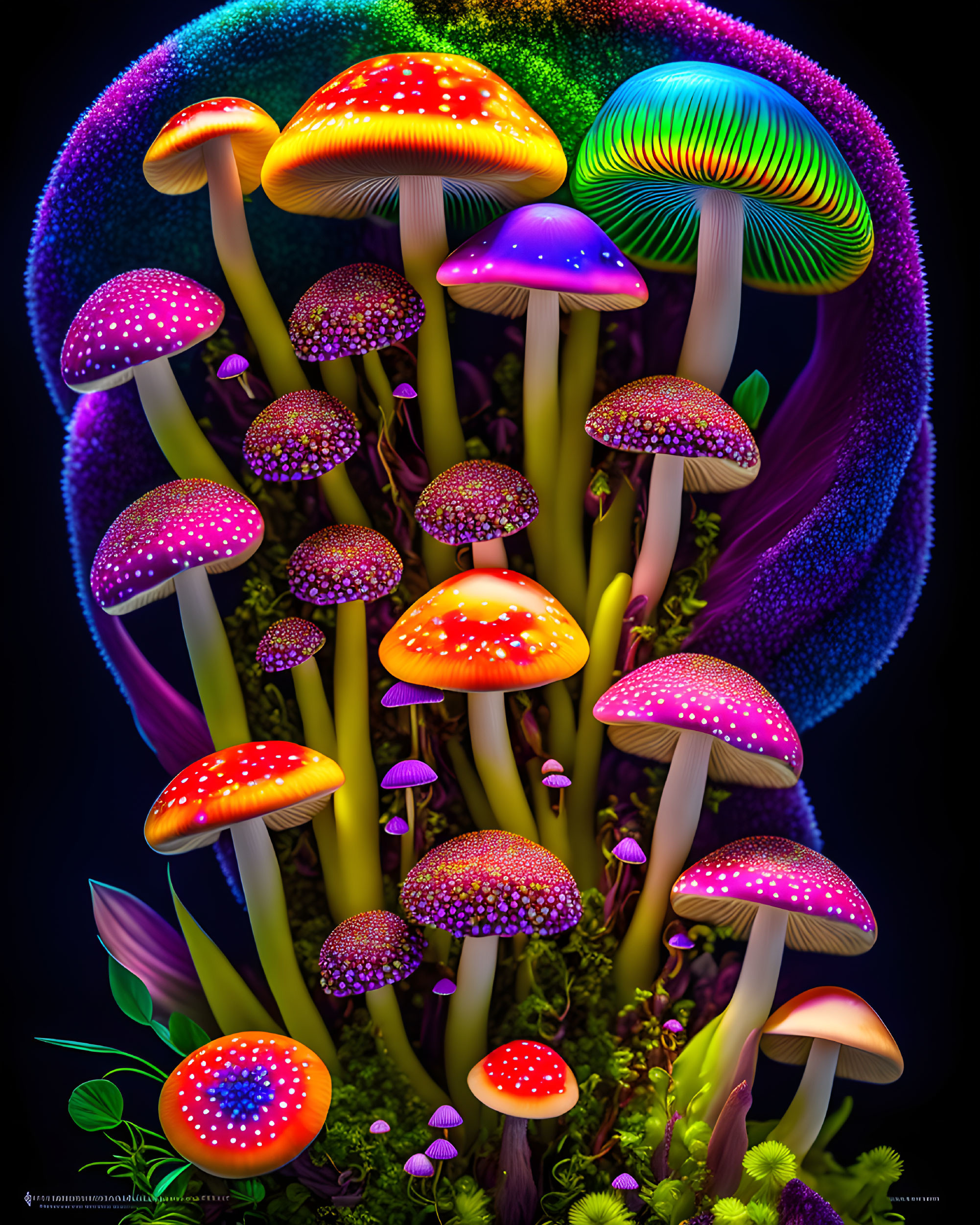 Colorful neon mushrooms on dark background