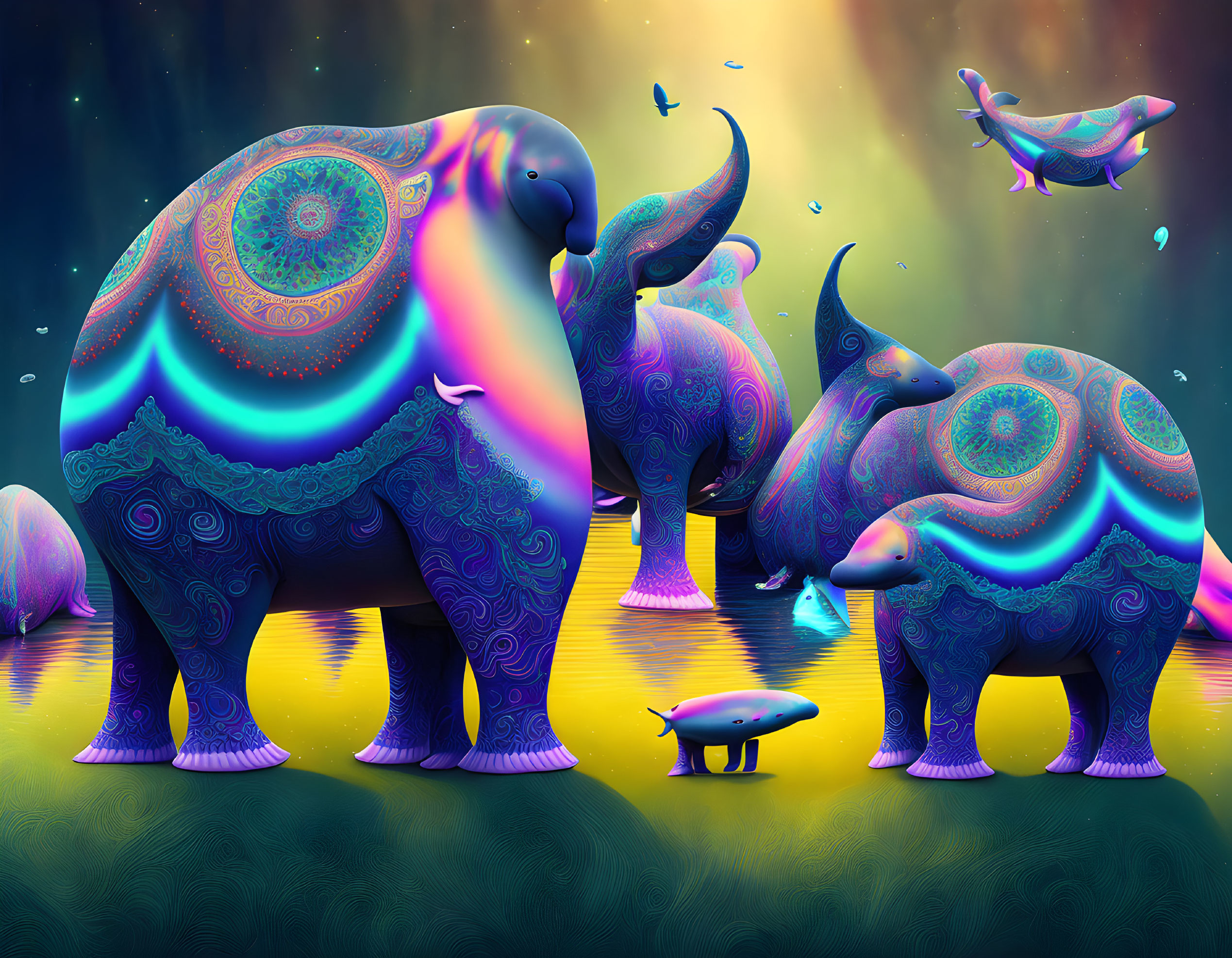 Vibrant Psychedelic Elephant Art in Surreal Landscape