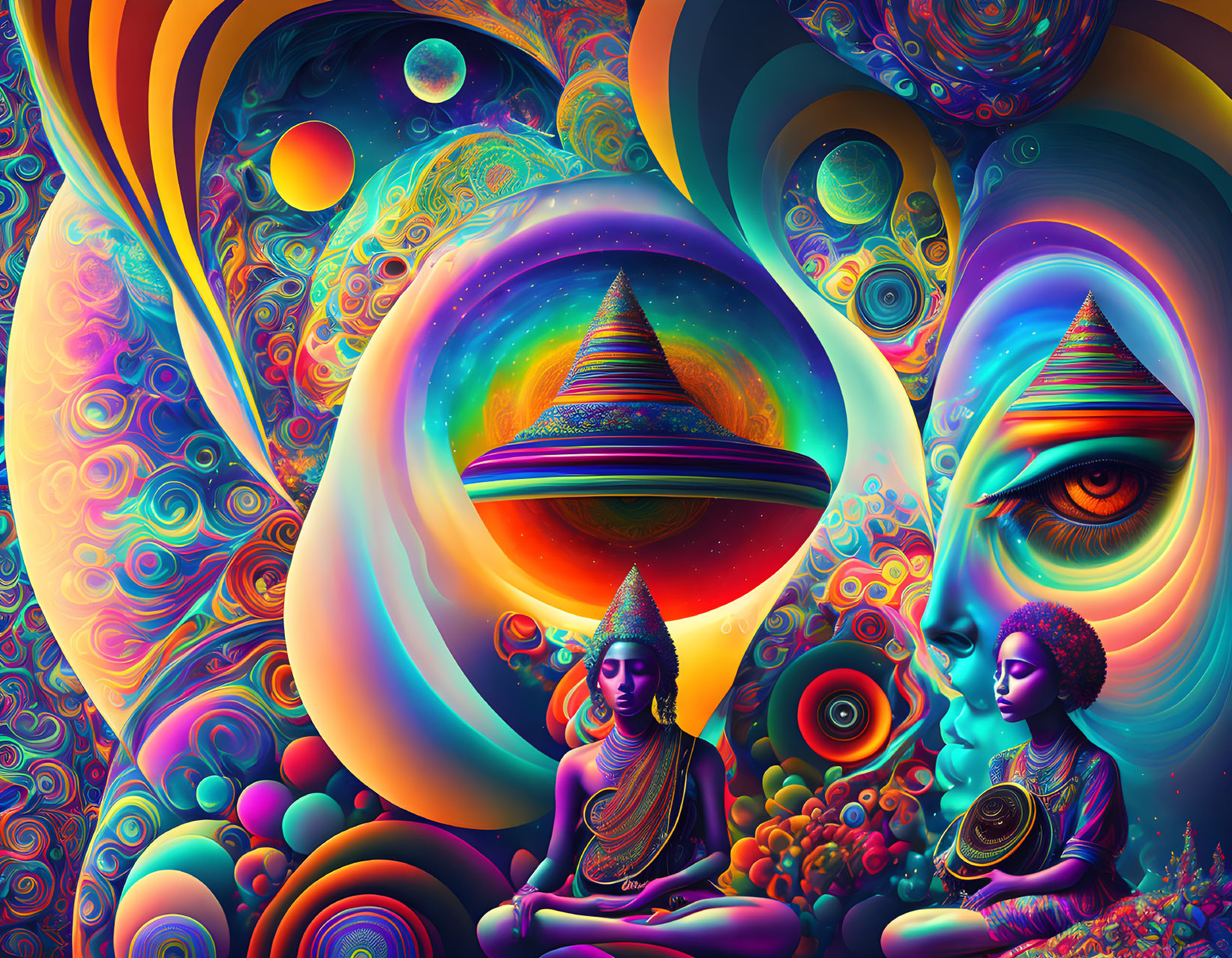 Colorful Psychedelic Art with Meditating Figures & Celestial Motifs