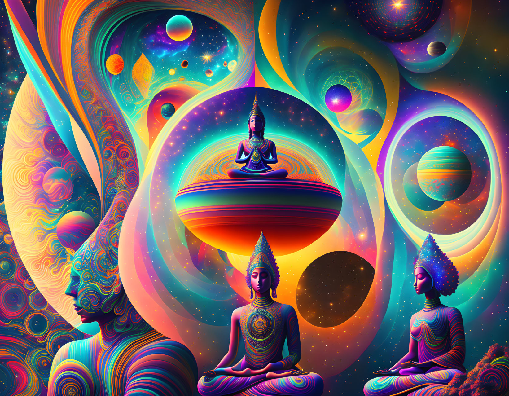 Colorful digital artwork: Three meditating figures in cosmic setting