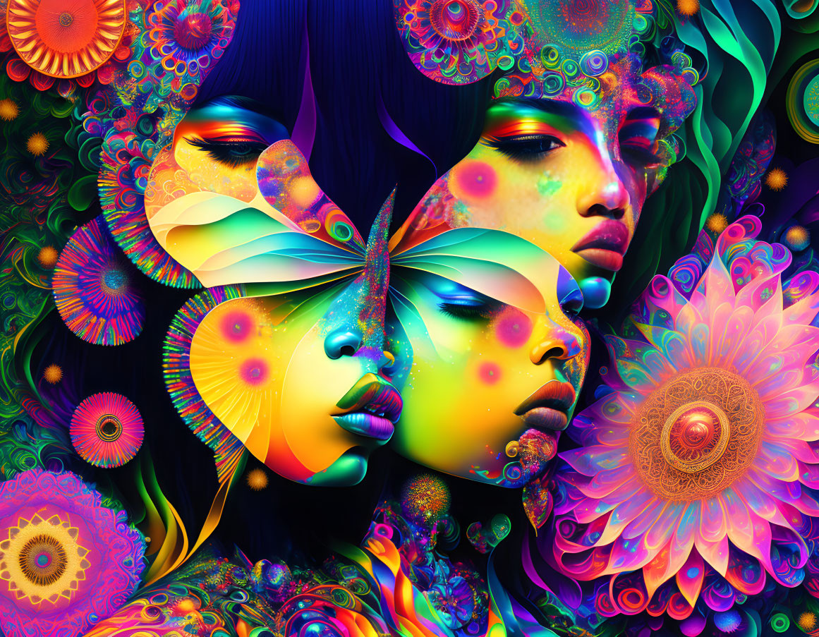 Colorful digital artwork: Mirrored female faces with butterfly overlay in psychedelic floral patterns