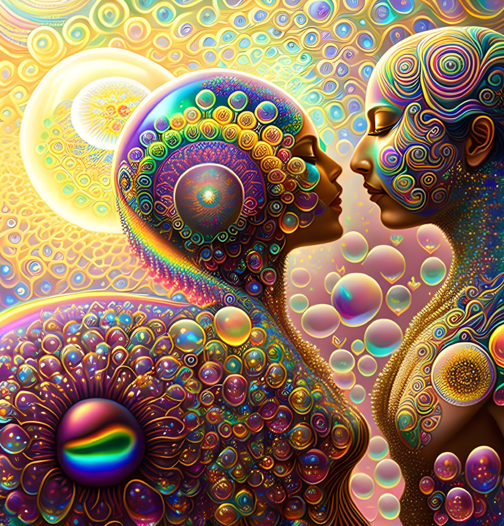 Colorful surreal human profiles with intricate patterns and swirling orbs.