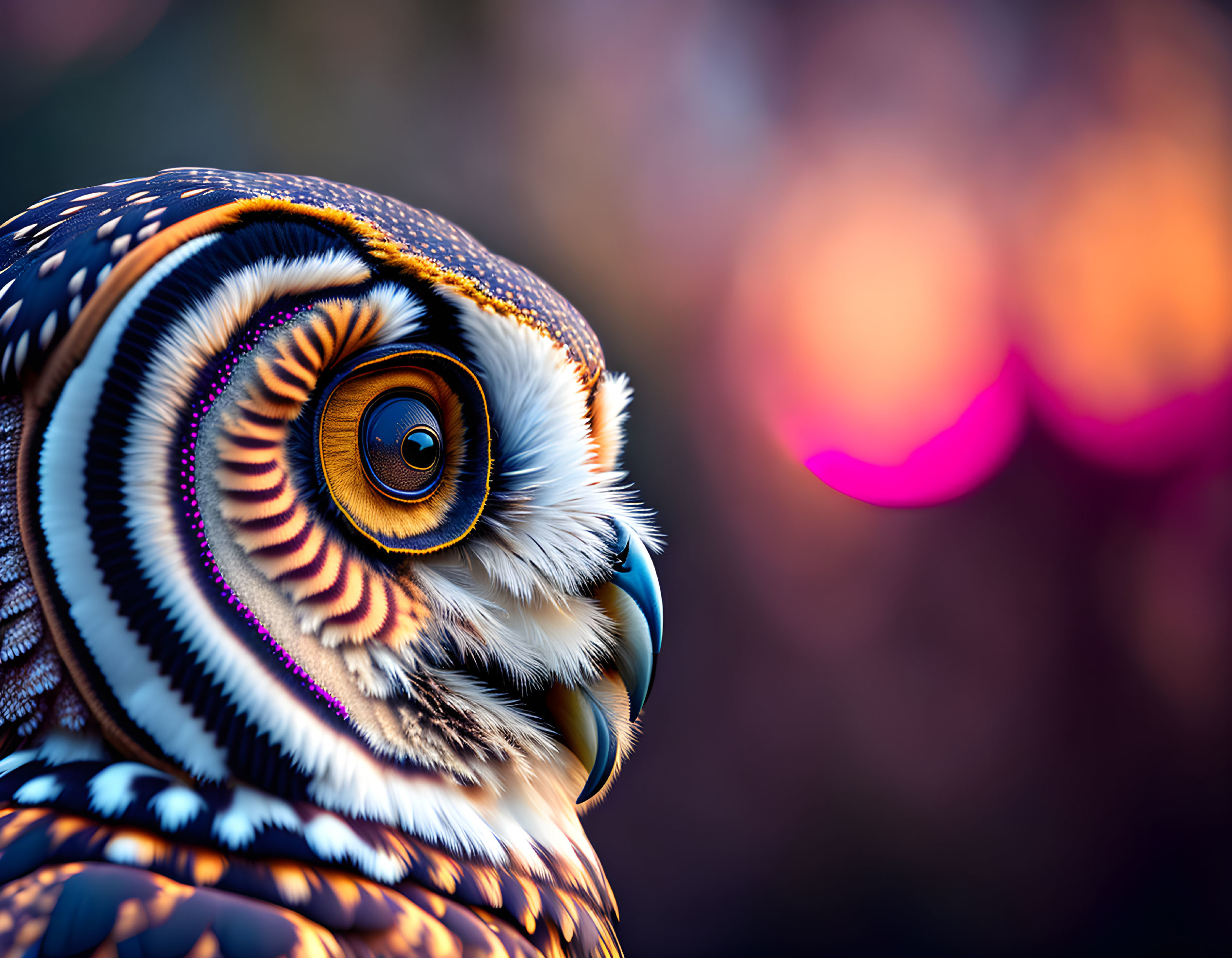 Detailed Close-up: Vibrant Owl with Orange Eyes on Purple-Pink Background