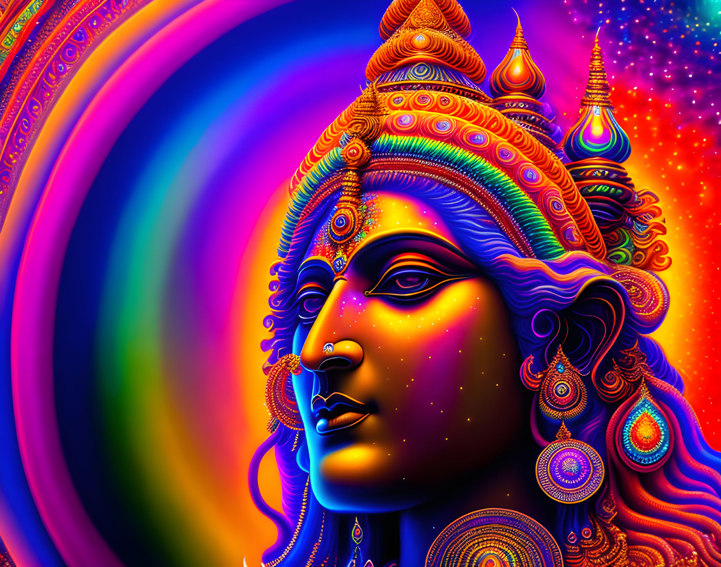 Vibrant digital artwork: detailed face with traditional headgear on psychedelic background