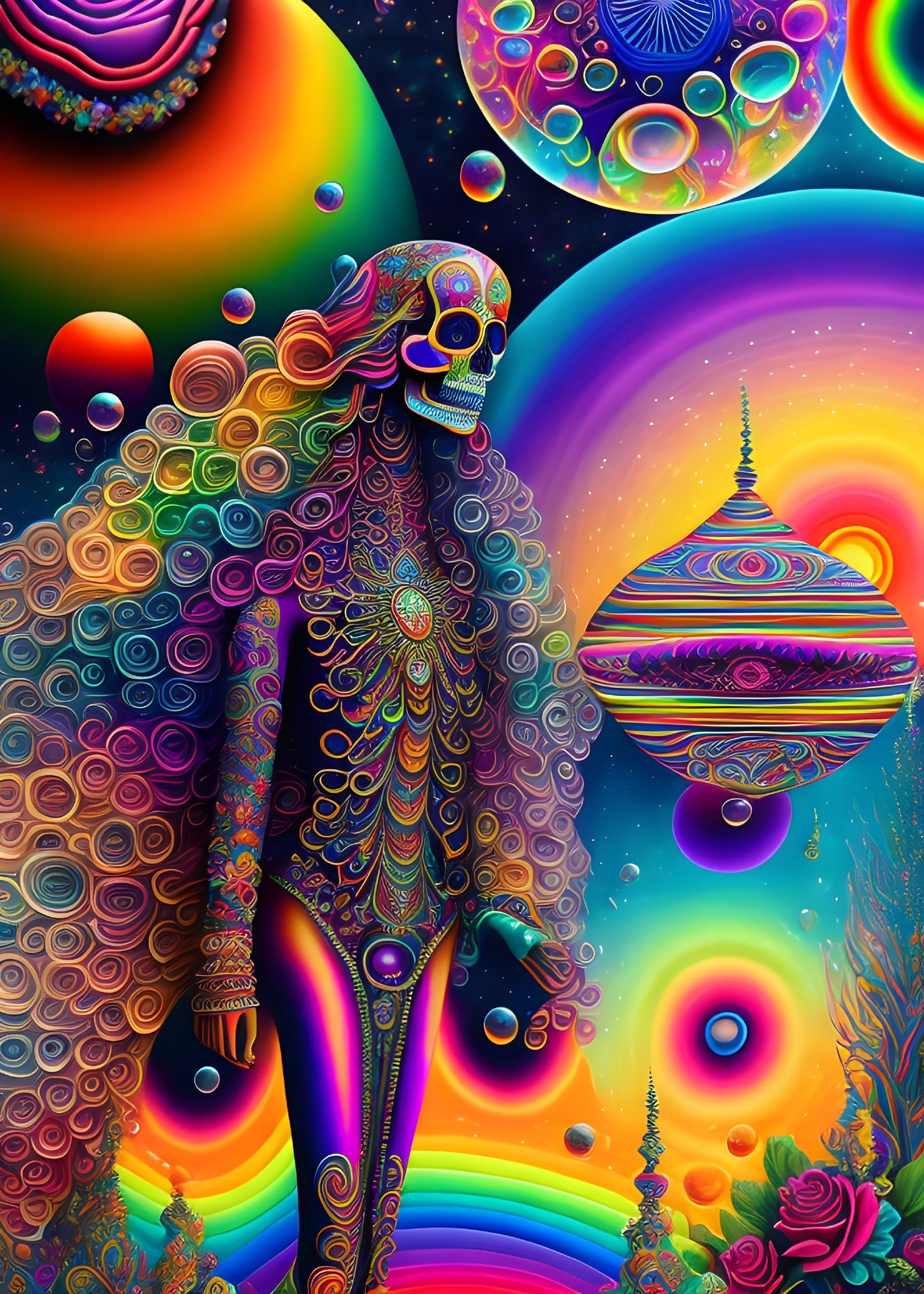 Colorful psychedelic illustration with skeletal figure and cosmic elements