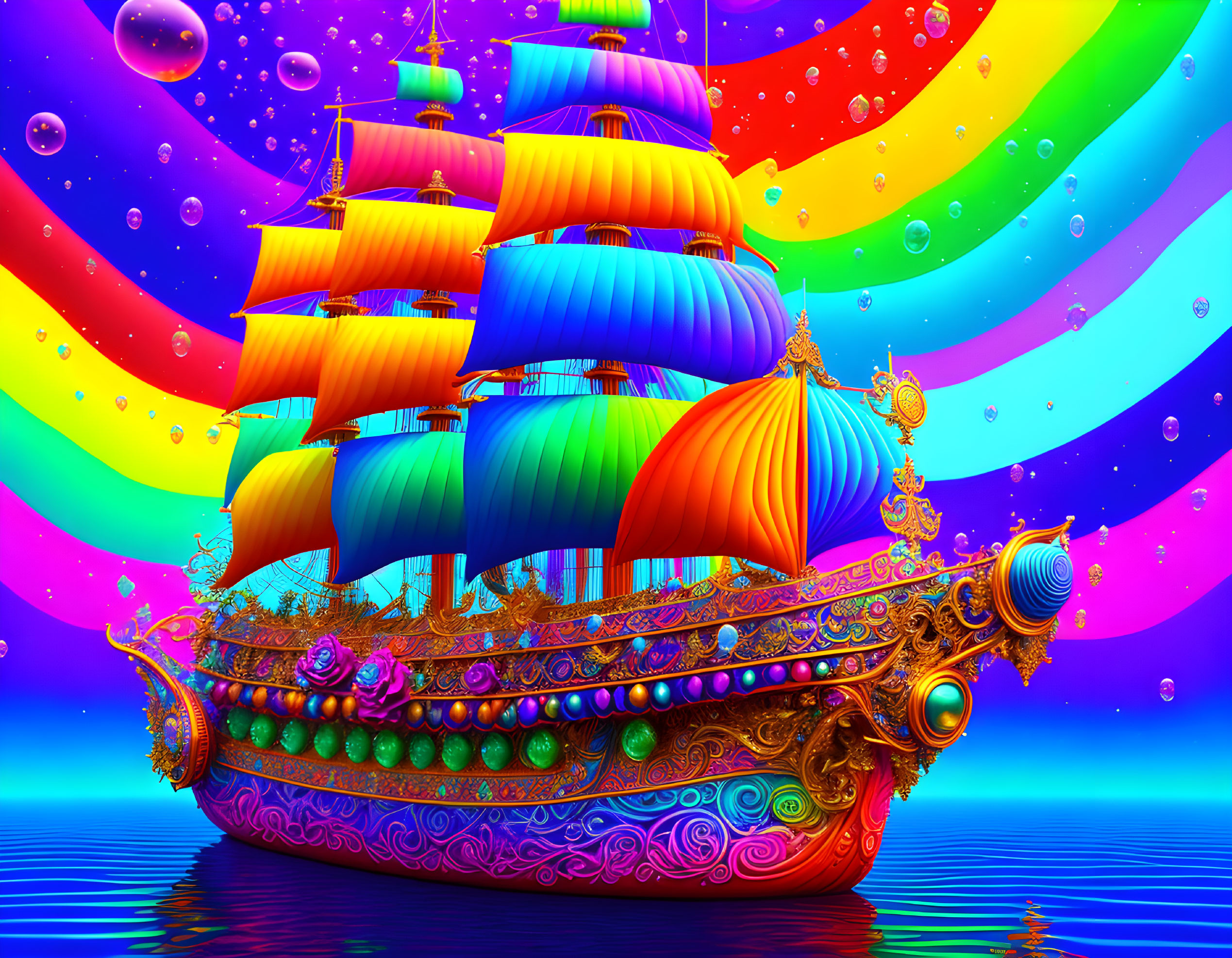 Colorful Psychedelic Ship Illustration with Rainbow Sky