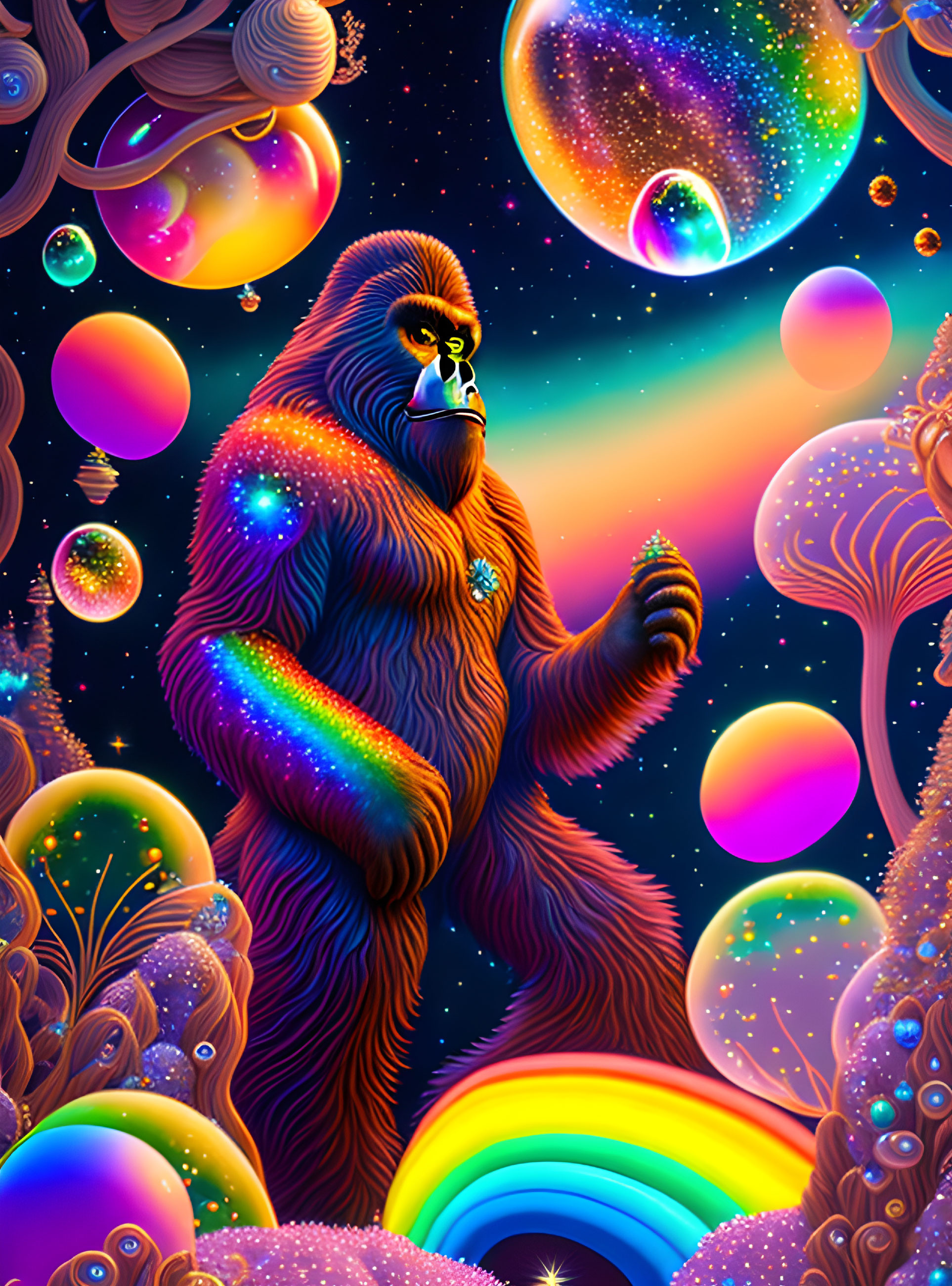 Colorful Cosmic Gorilla in Psychedelic Space Art