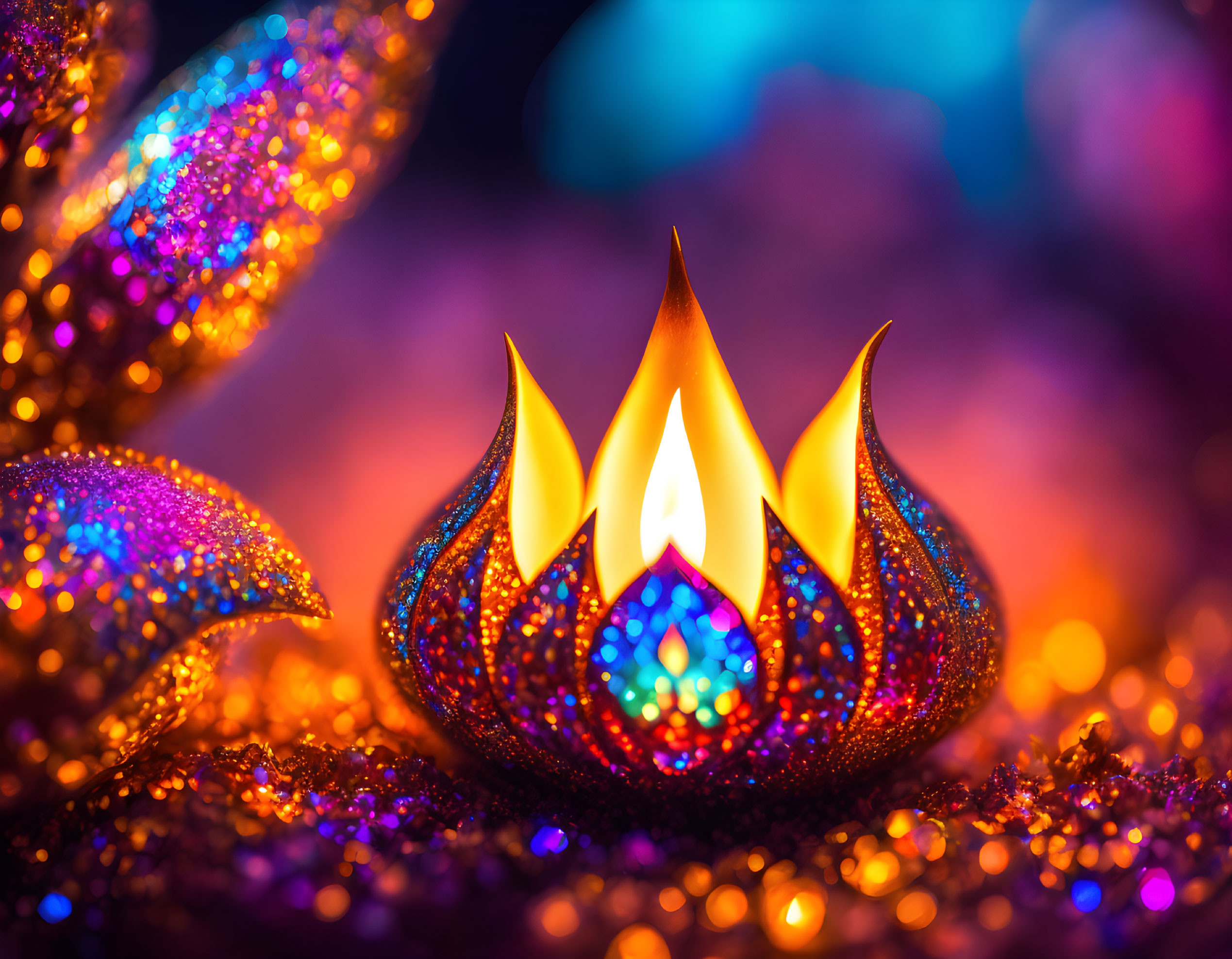 Colorful Lotus Candle Holder with Lit Candle and Glittery Bokeh Lights