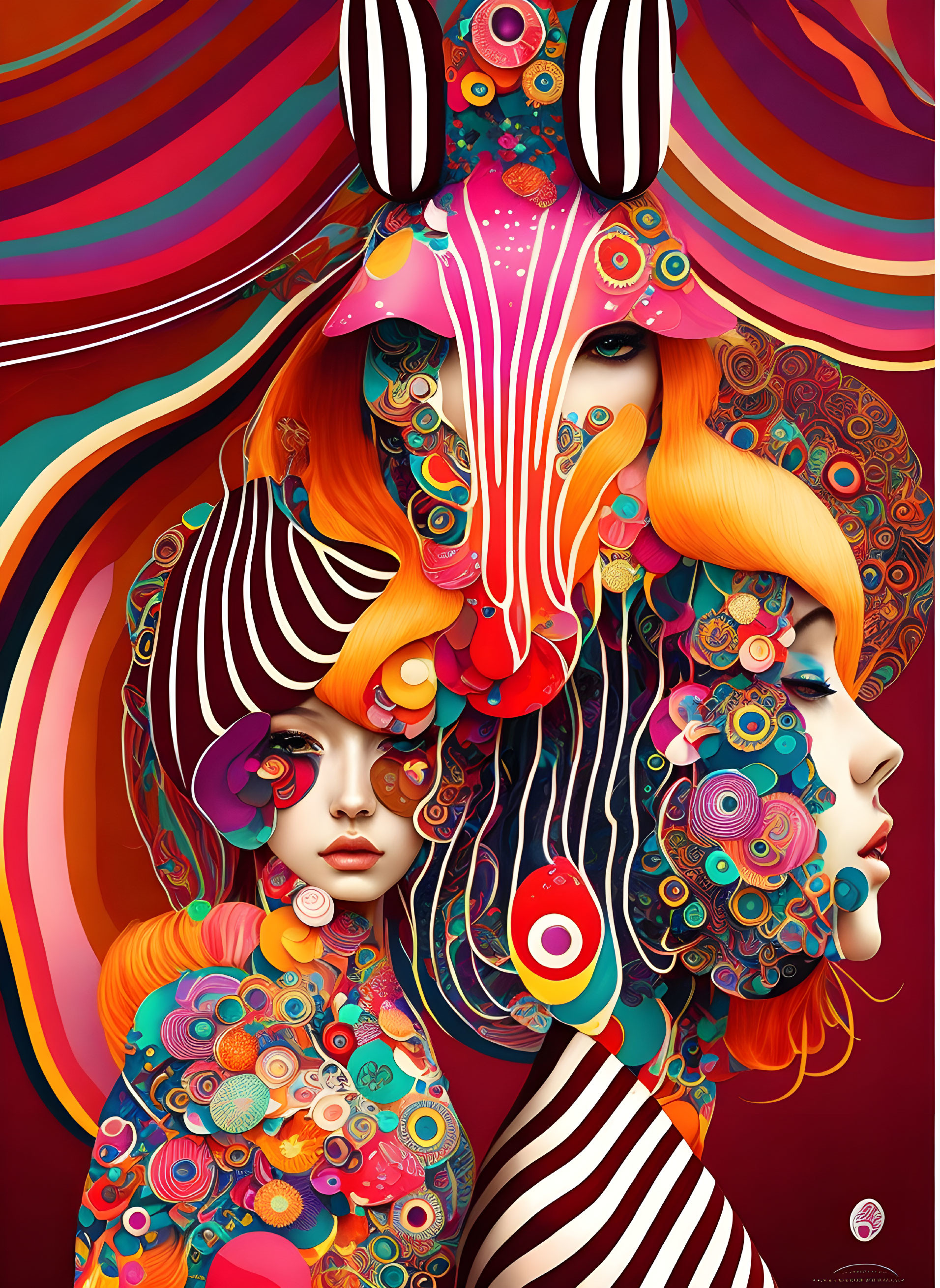 Vibrant psychedelic art of stylized female faces and surreal multi-eyed creature