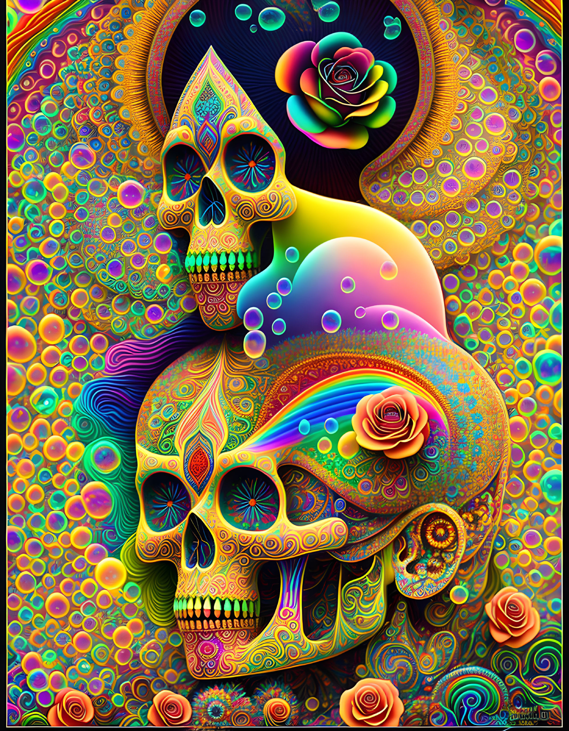 Colorful Psychedelic Skull Art with Roses and Bubble Circles