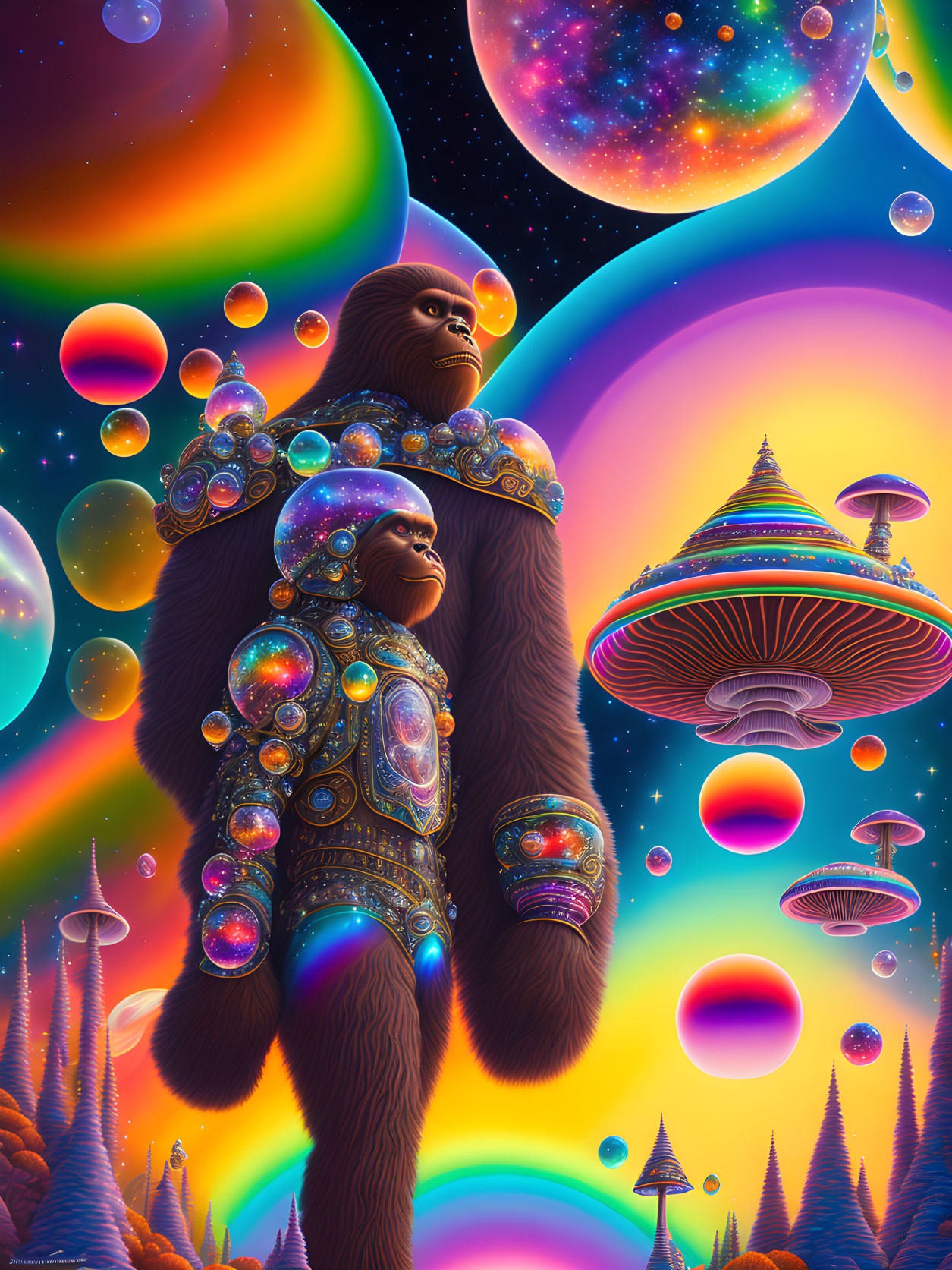 Colorful Psychedelic Gorilla Armor Illustration with Planets & Saucers