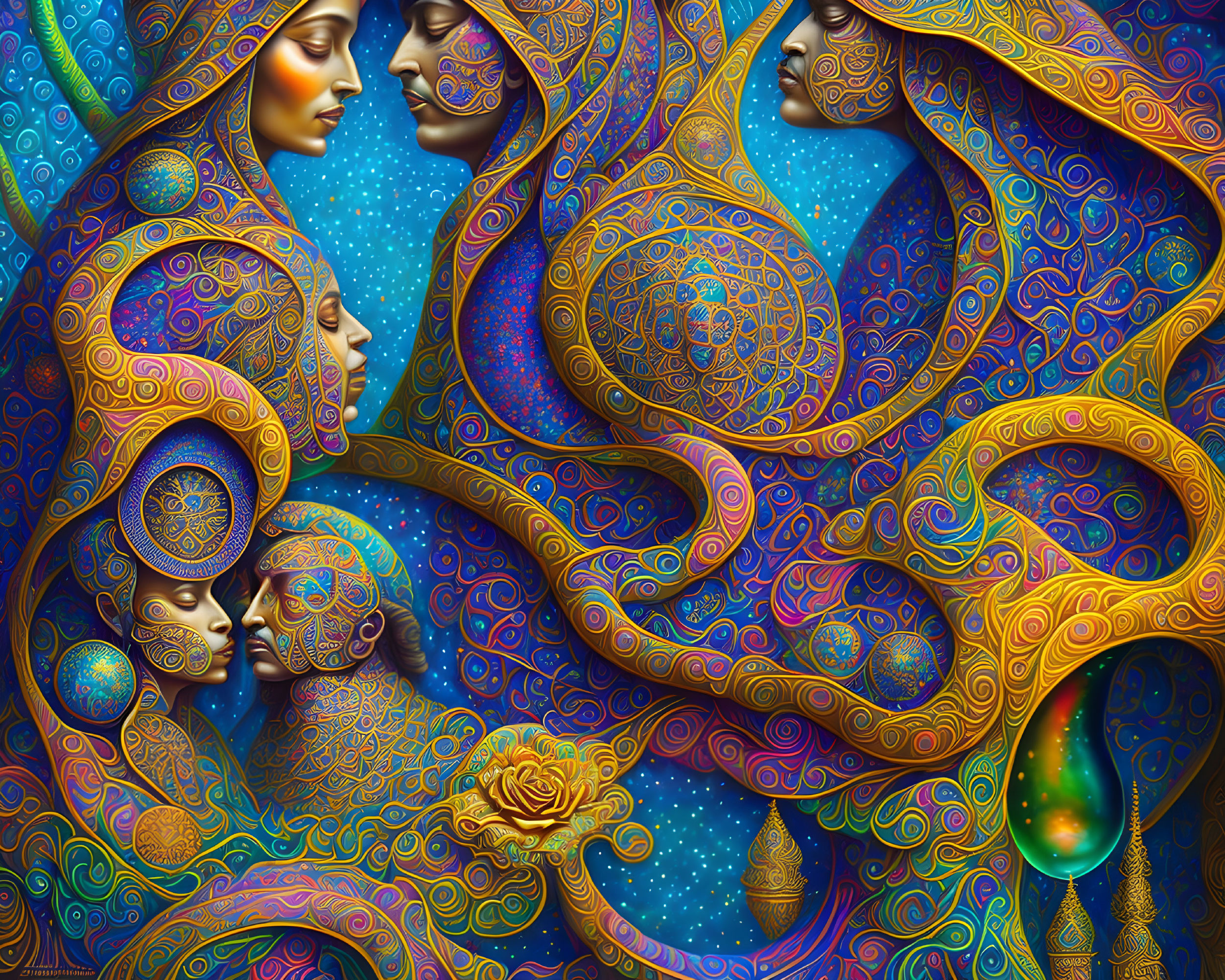 Colorful Artwork: Intertwined Human Faces with Cosmic Motifs