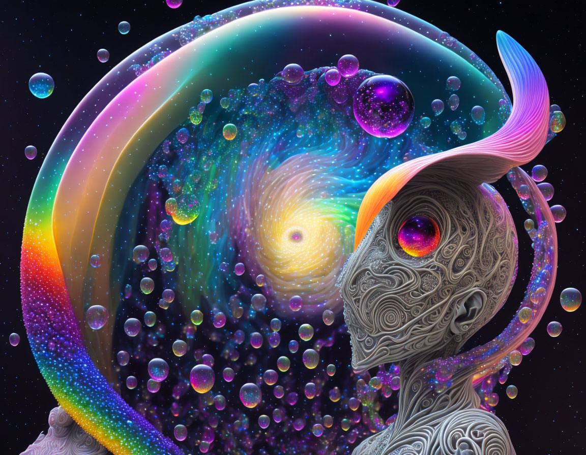 Vibrant surreal artwork: abstract being, cosmic backdrop, rainbow hues