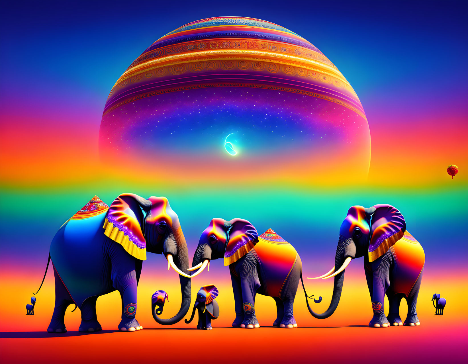 Colorful digital artwork: Trio of decorated elephants under patterned planet