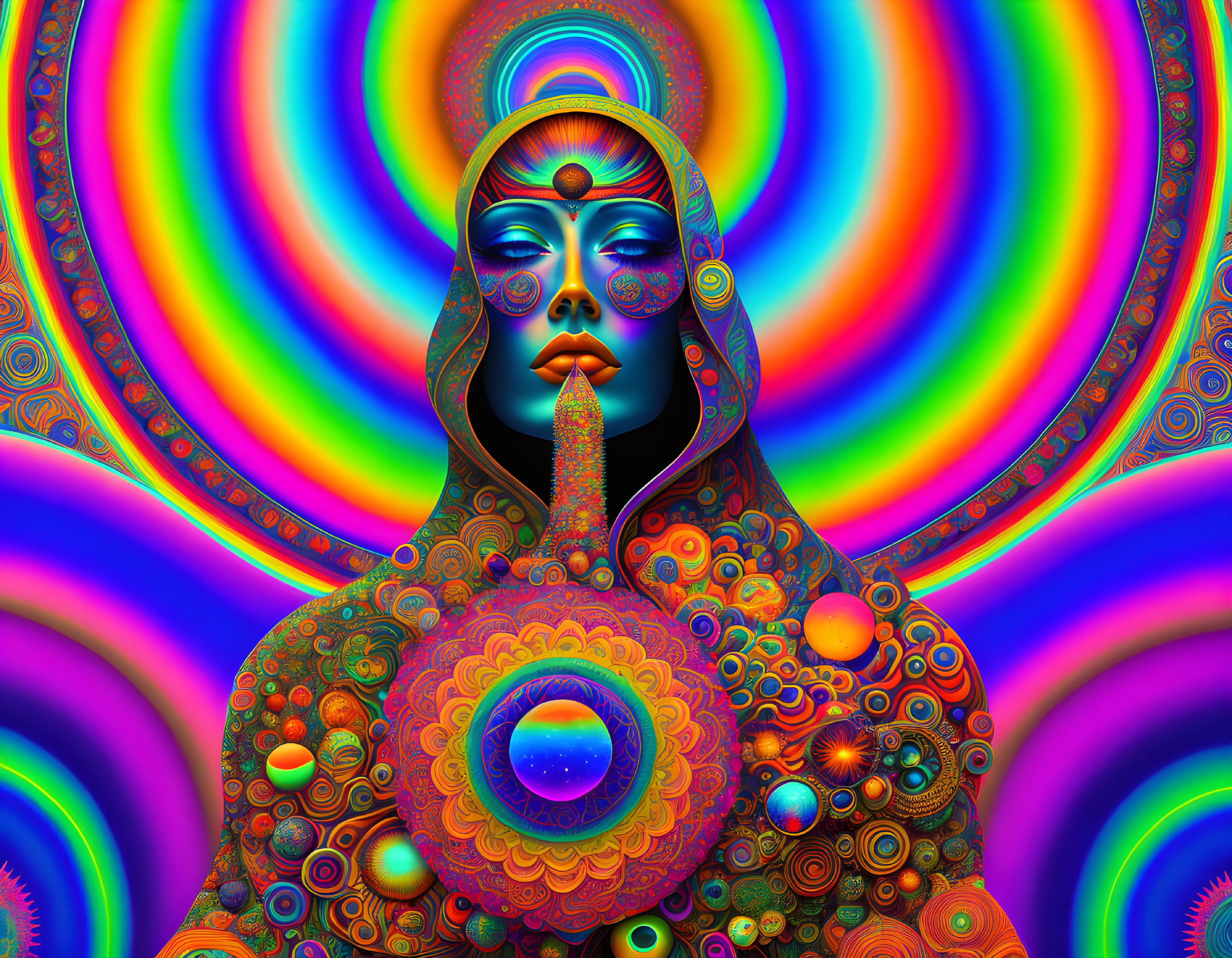 Colorful Psychedelic Artwork: Blue-Faced Figure with Intricate Patterns