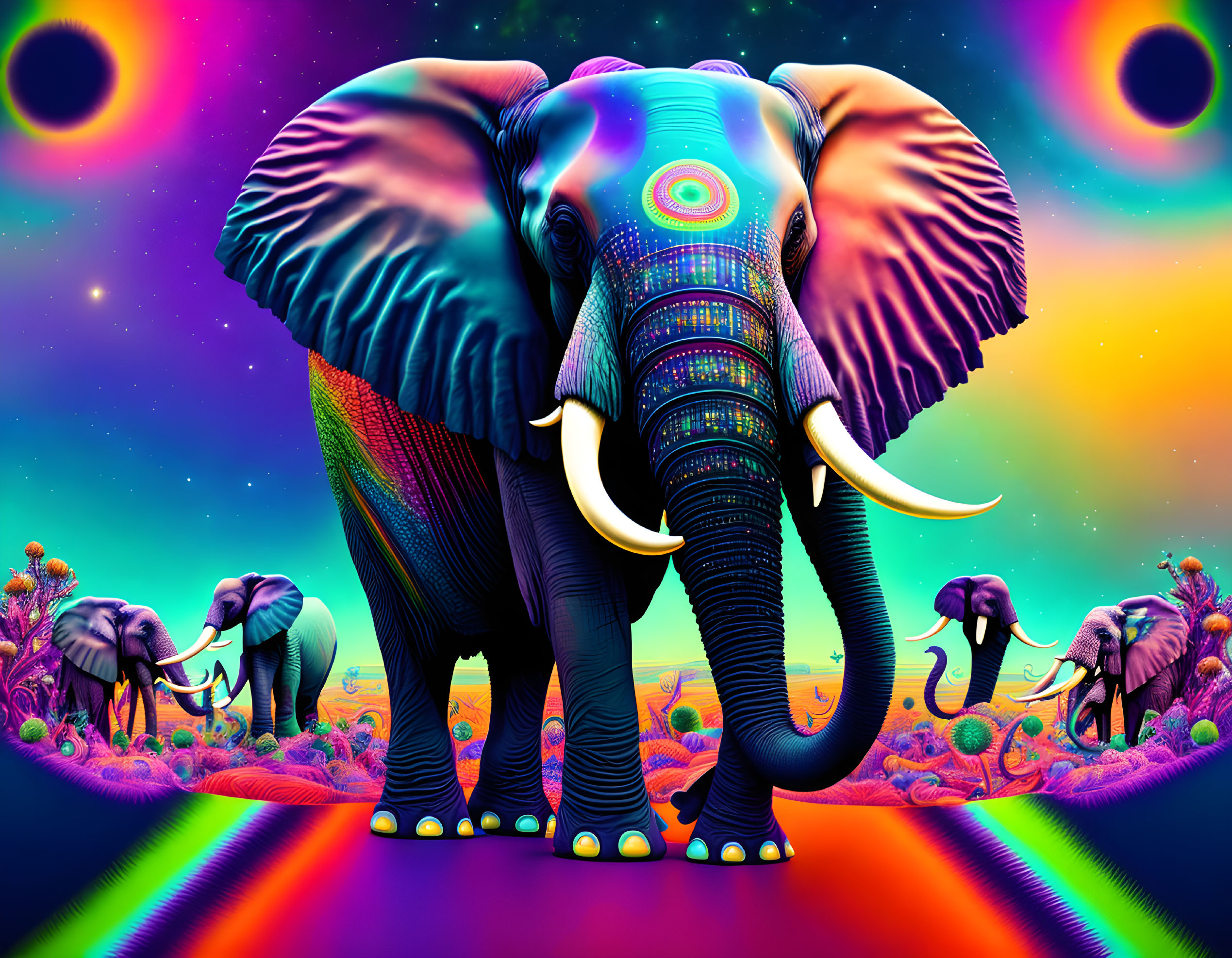 Colorful psychedelic elephants in cosmic neon landscape