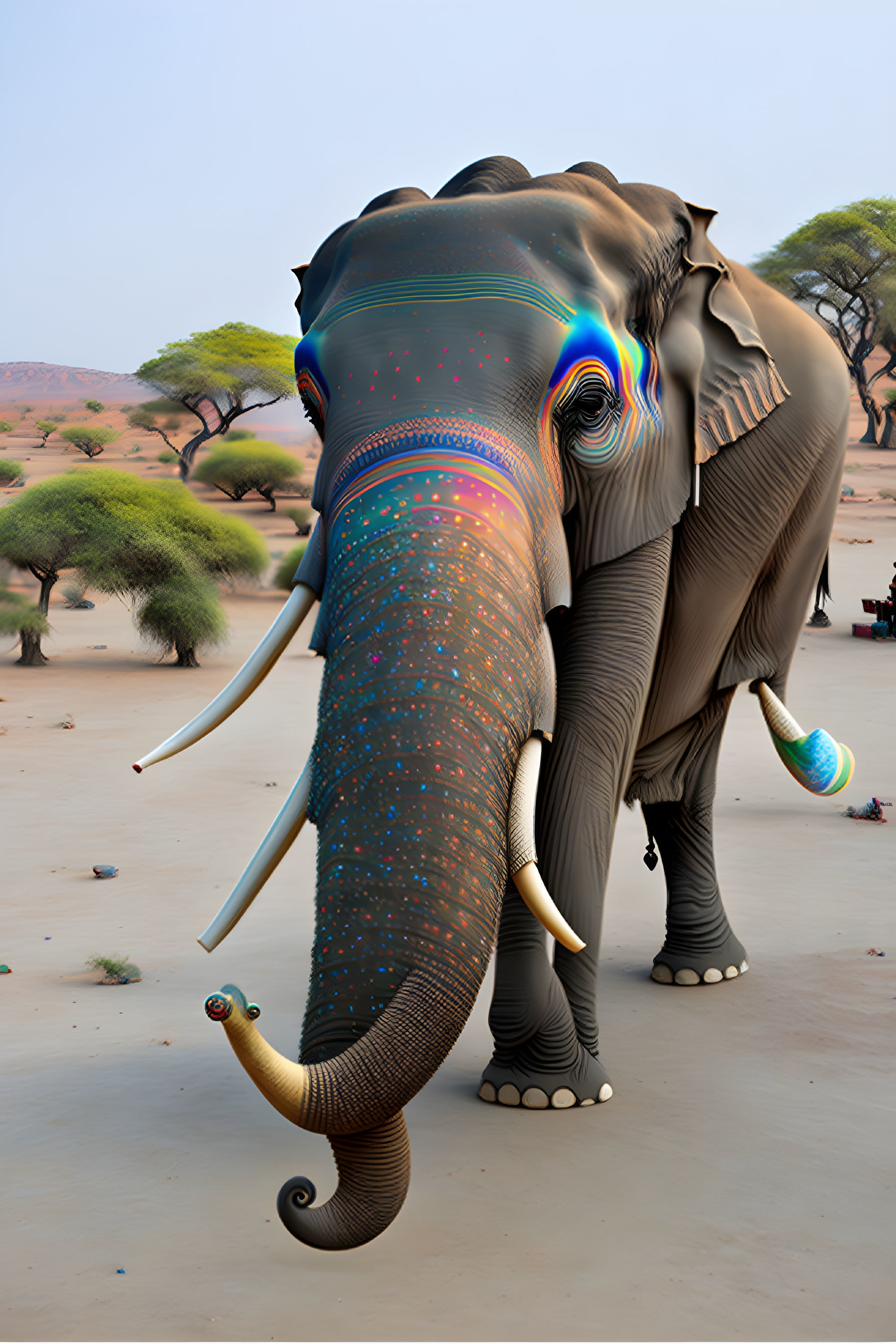 Vibrant multicolored lights on elephant in desert landscape