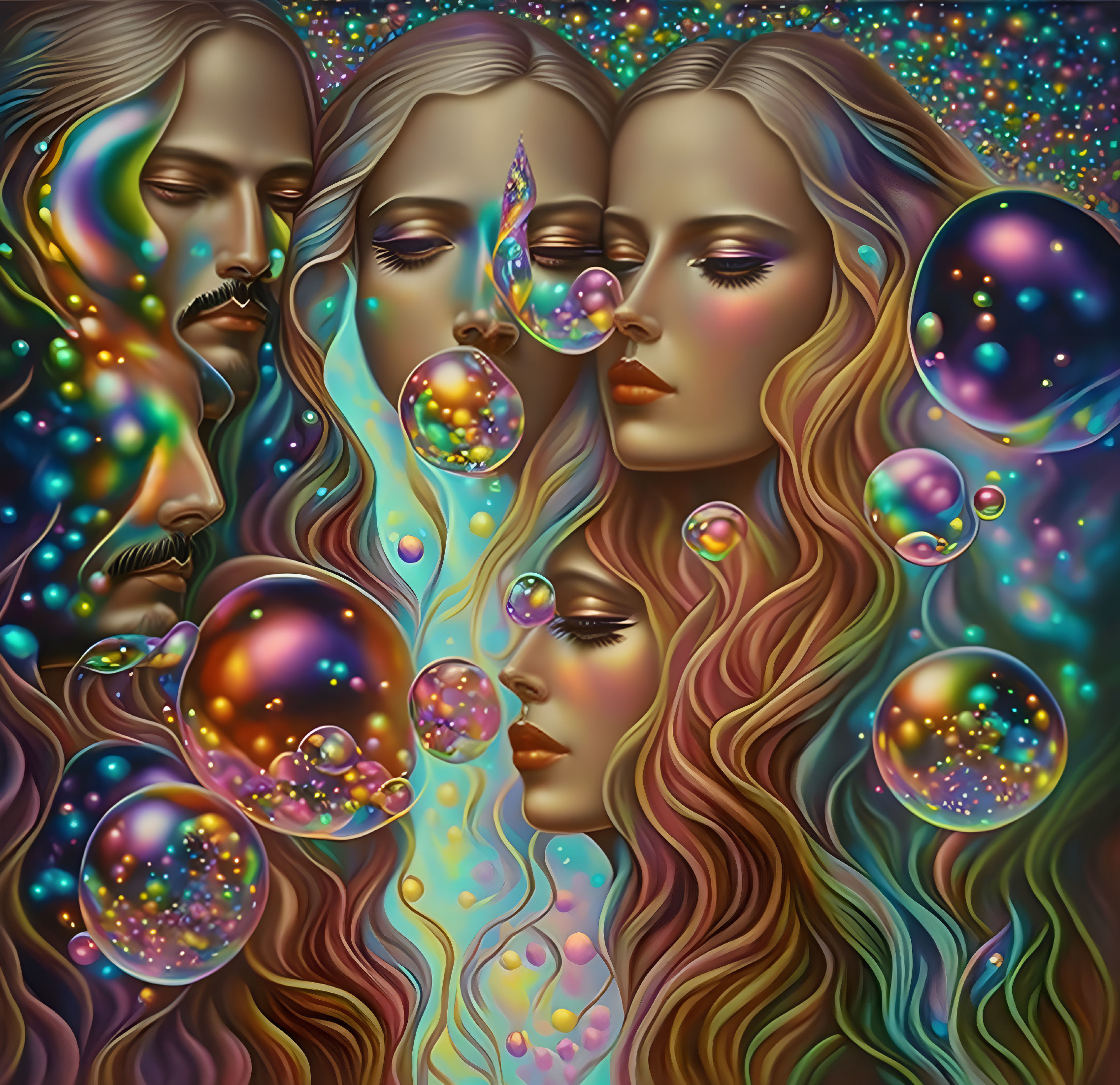 Colorful artwork with multiple faces, flowing hair, and iridescent bubbles on cosmic background