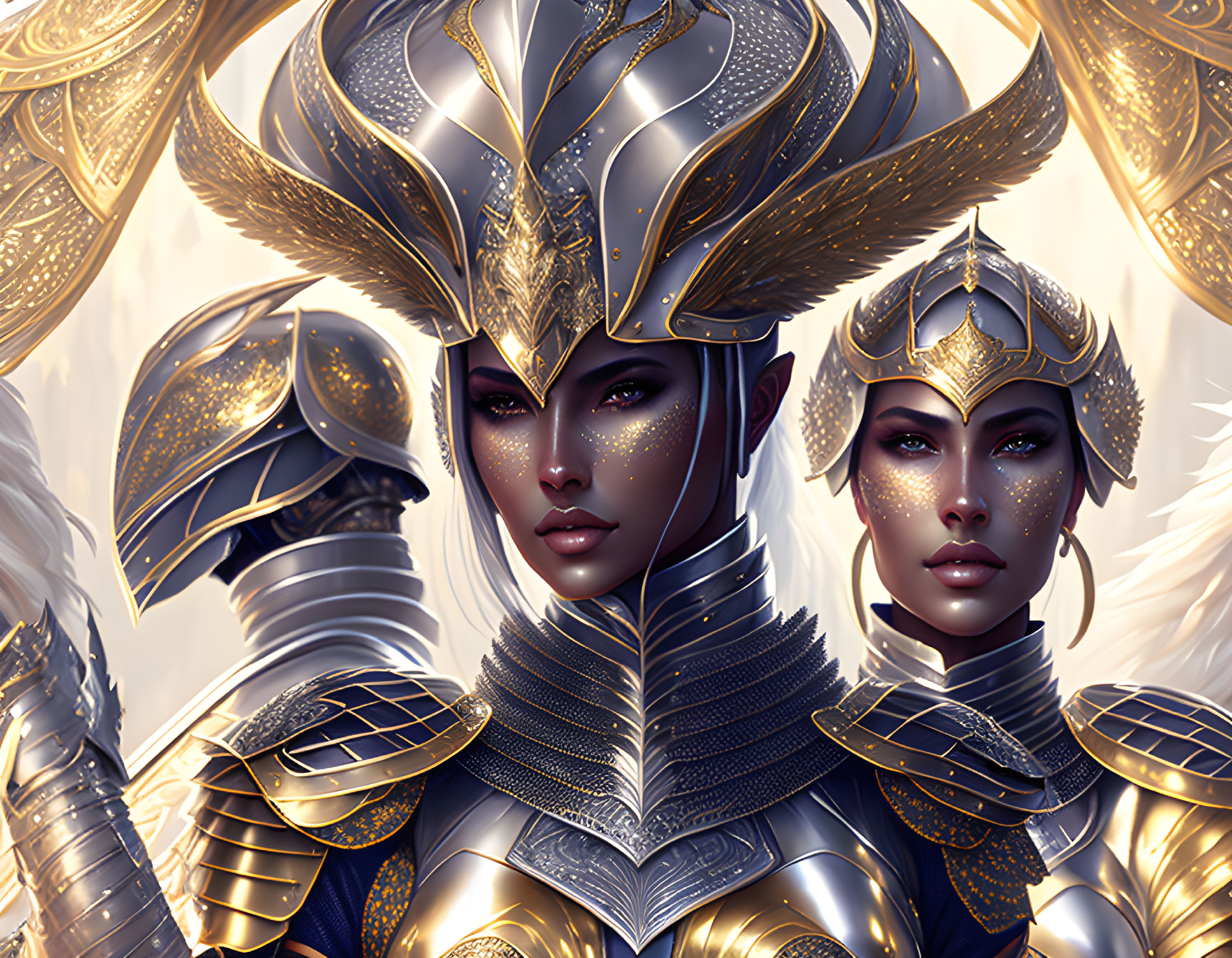 Two women in golden fantasy armor with intricate designs and helmets on light background