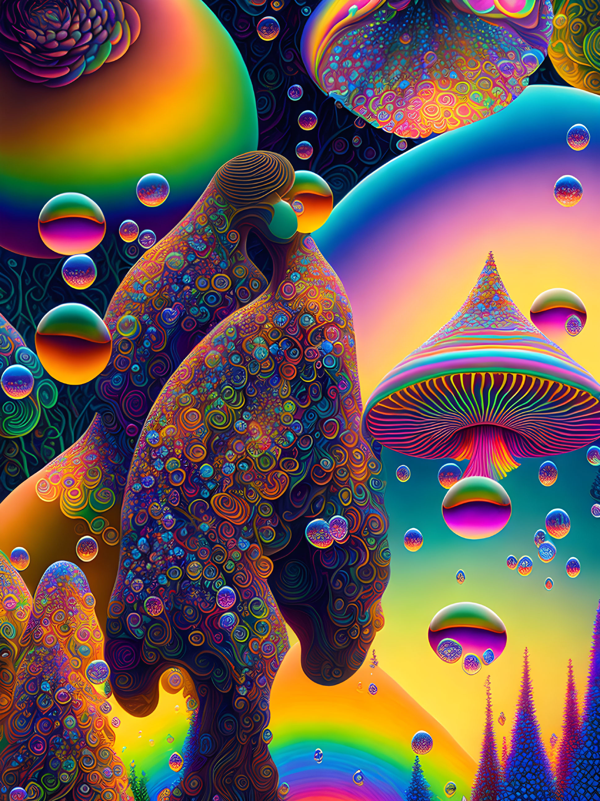 Colorful Psychedelic Art with Swirling Patterns and Mushroom Shapes