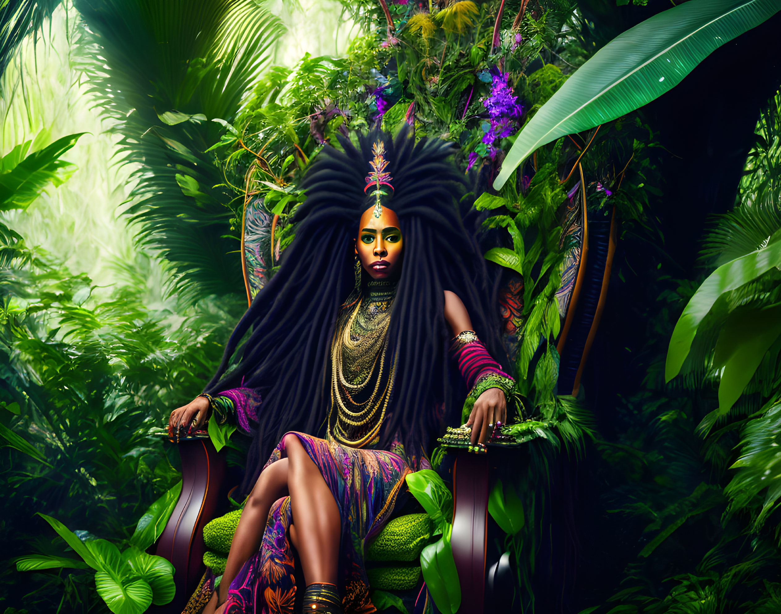 Tribal woman in elaborate headdress on throne with lush greenery