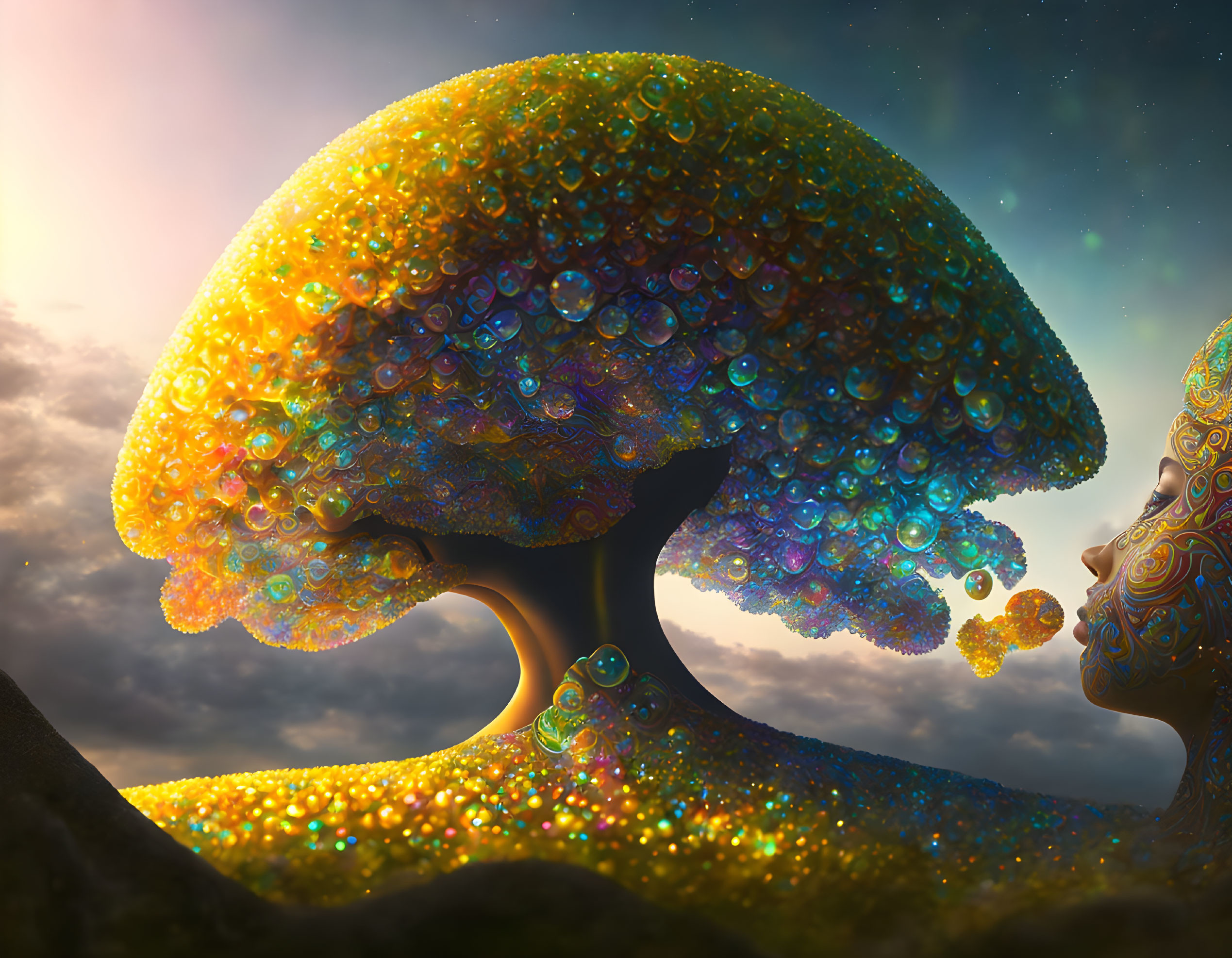 Fantastical landscape with vibrant bubble-covered trees under a starry sky.