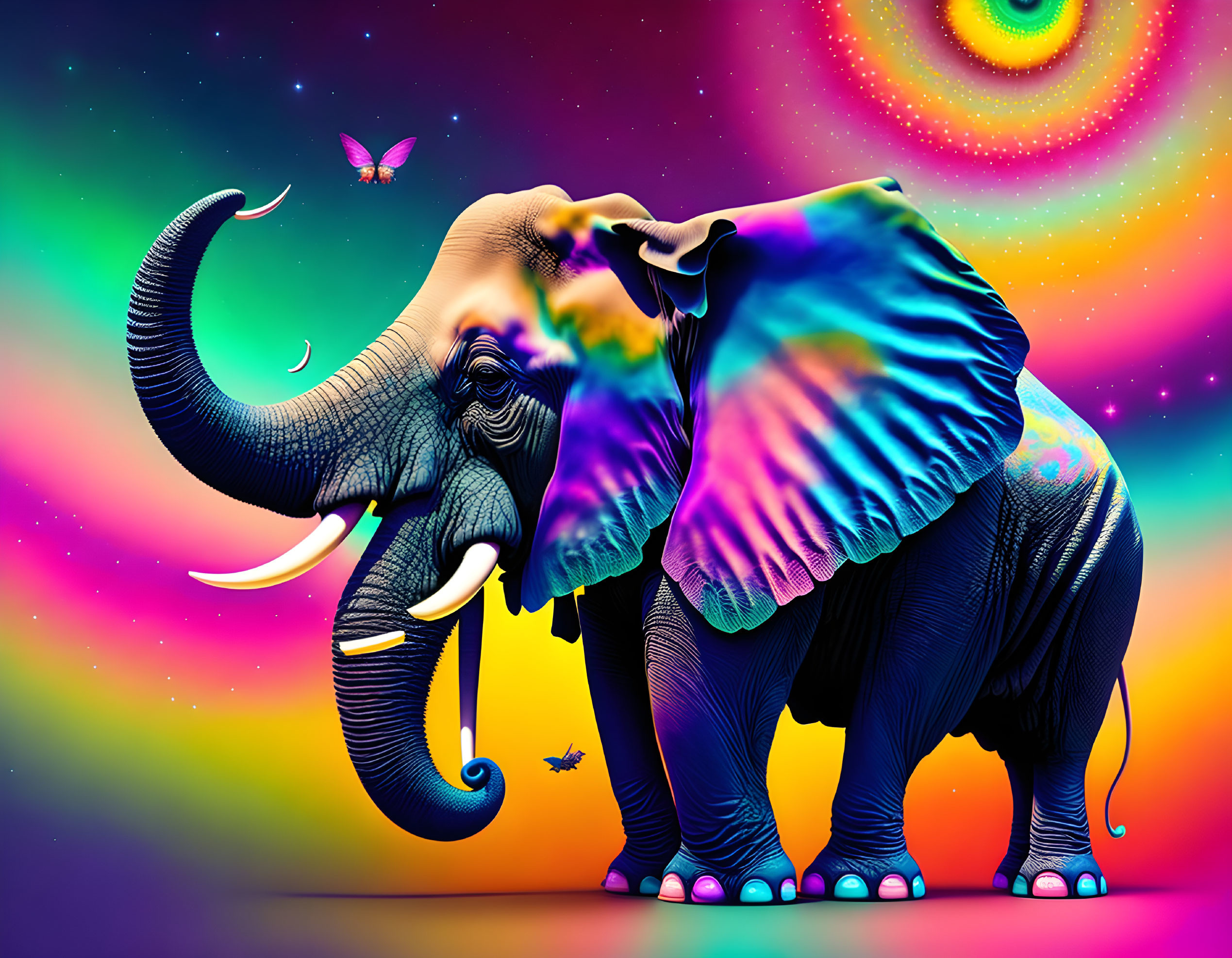 Colorful Psychedelic Elephant with Cosmic Background and Butterflies