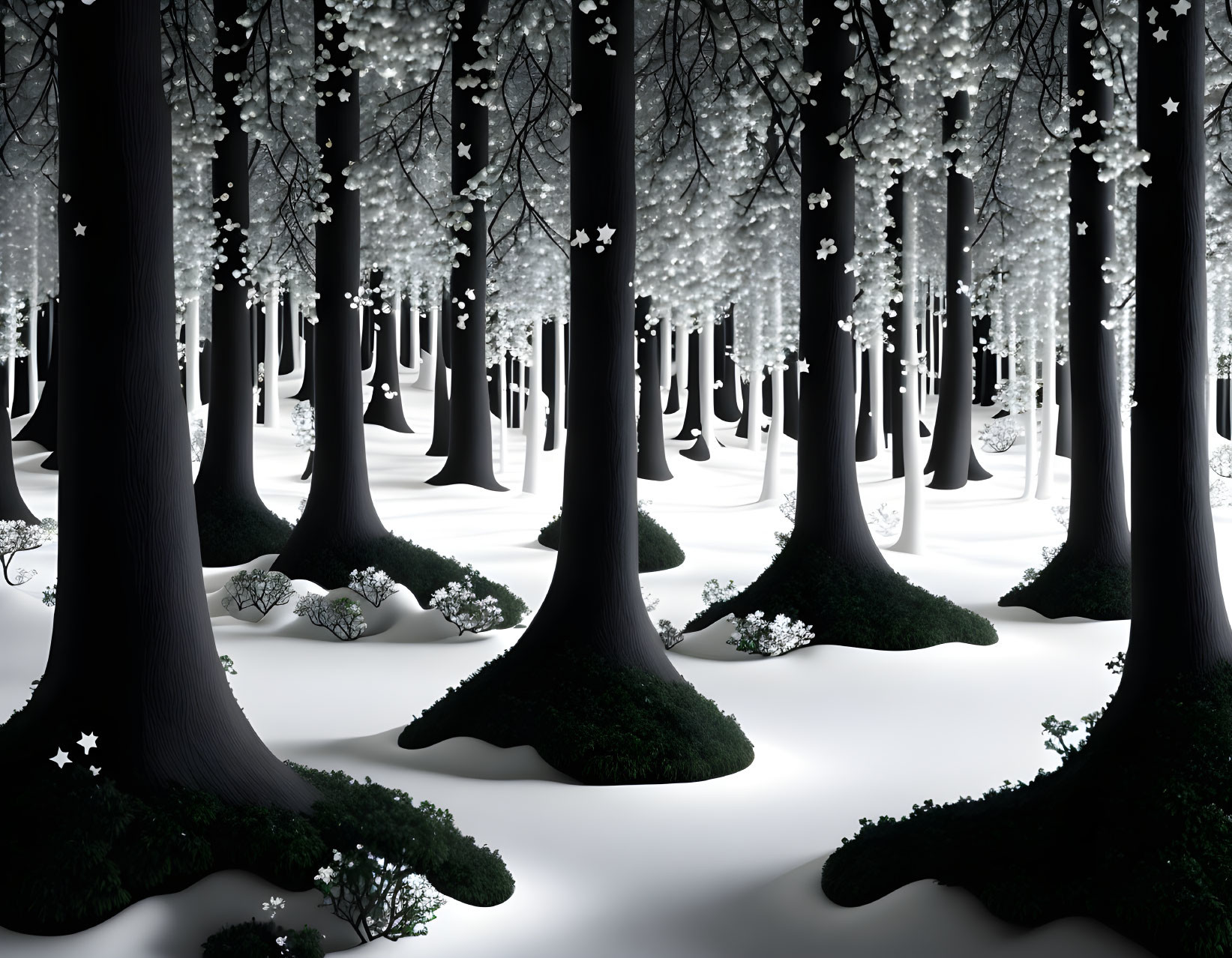 Monochrome forest with dark tree trunks, white blossoms, and snow-covered ground.