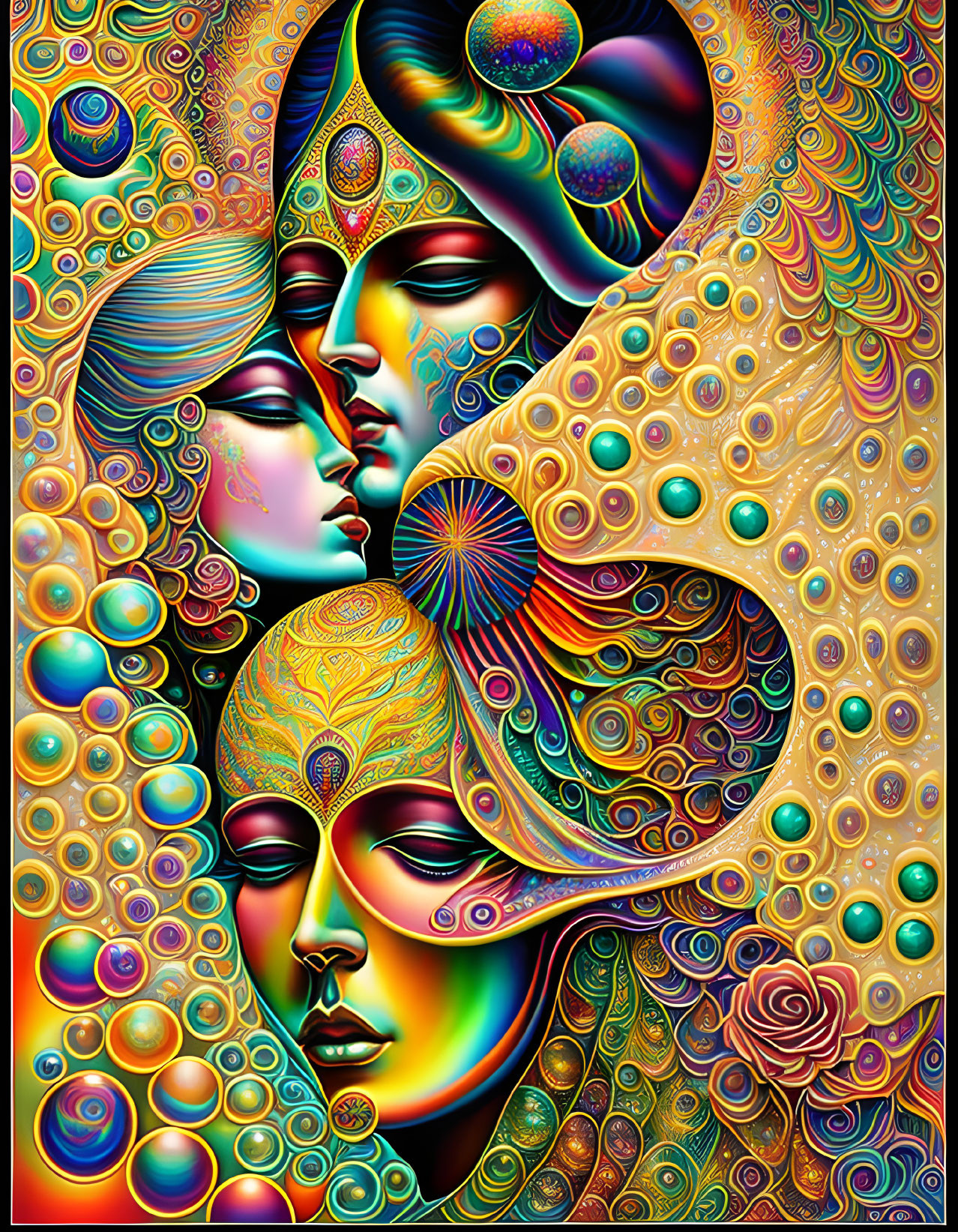 Colorful Psychedelic Artwork: Multiple Faces, Swirling Patterns