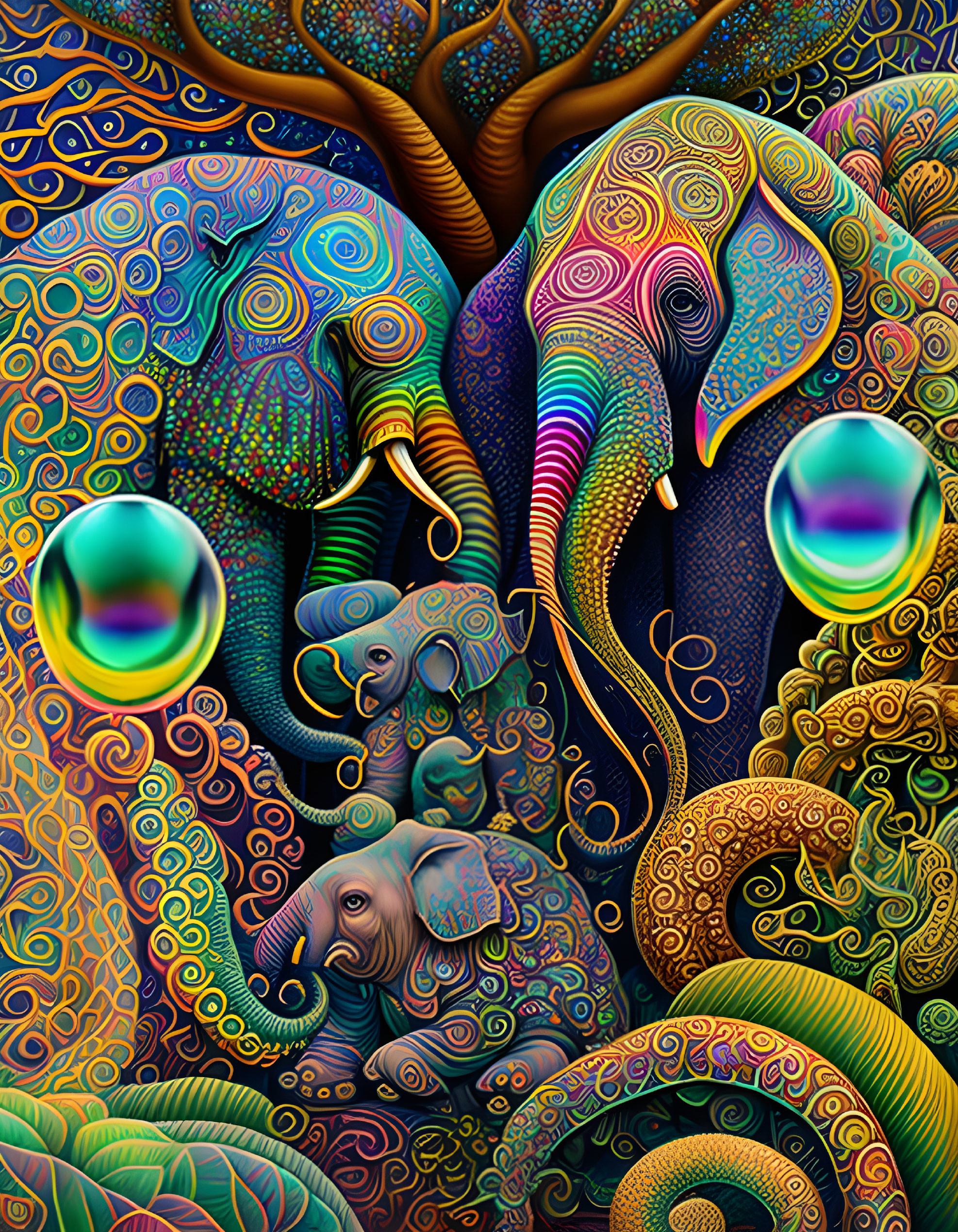 Vibrant psychedelic elephant art with intricate patterns and swirling background