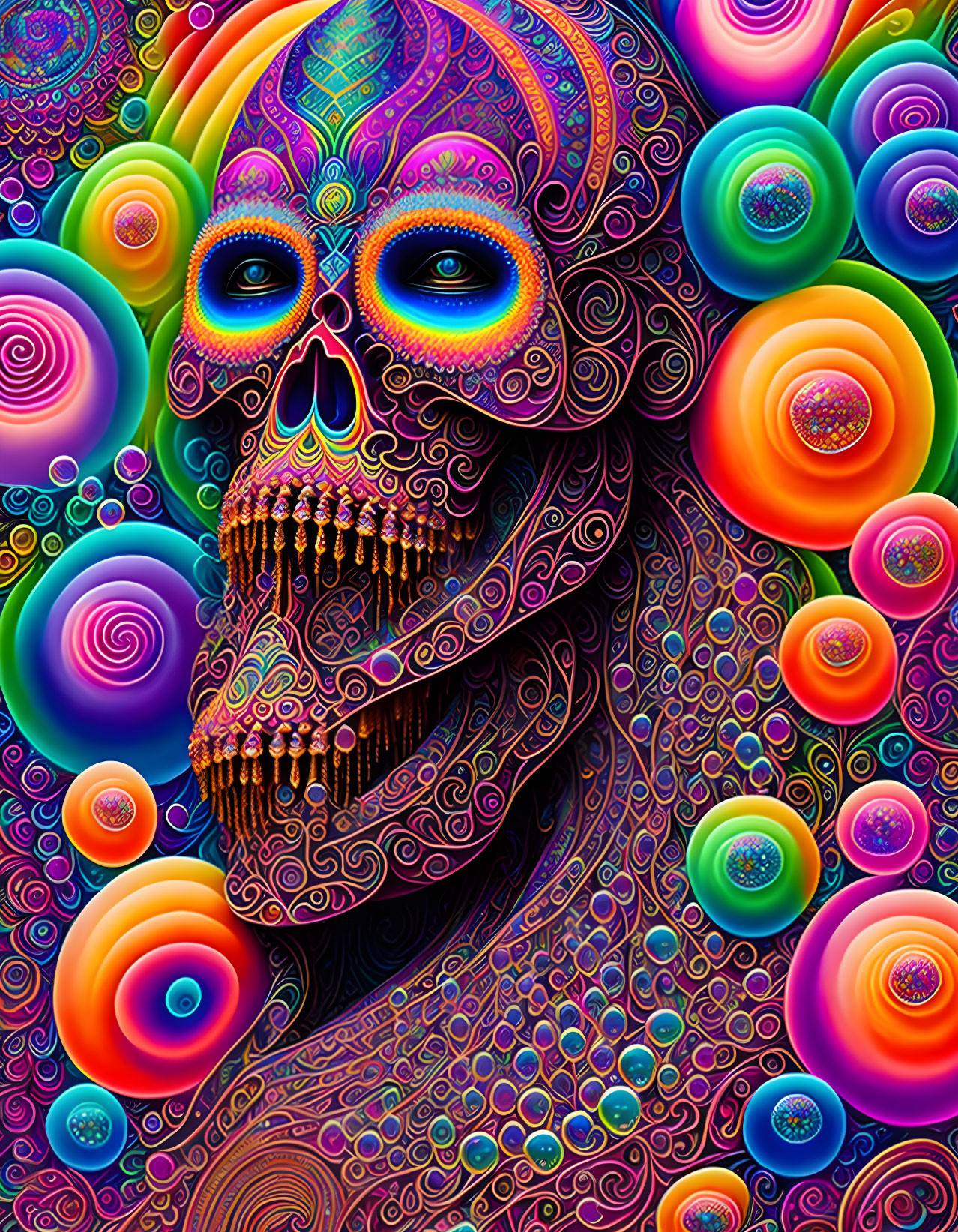 Colorful Psychedelic Skull Artwork with Spiraling Designs