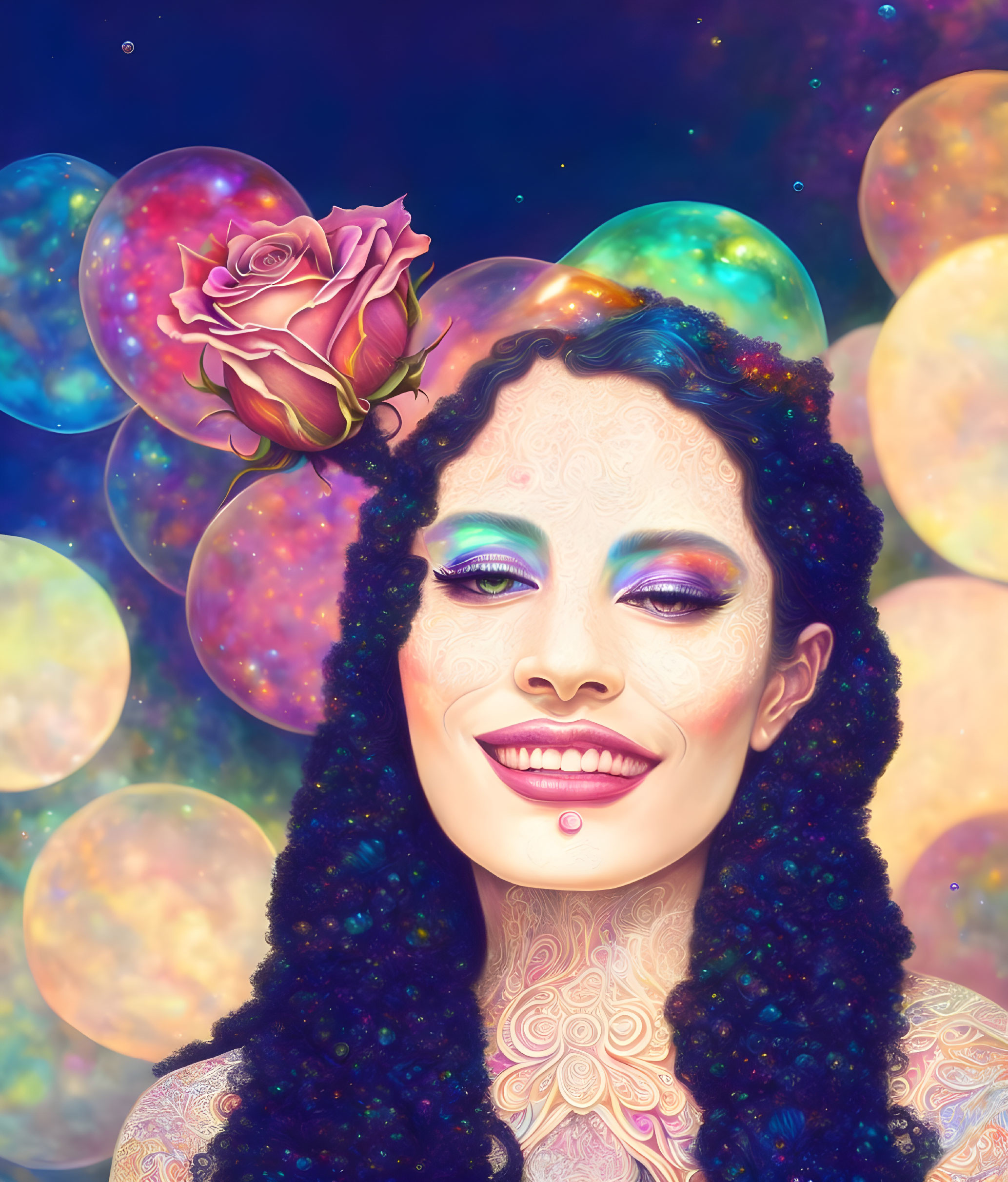 Smiling woman with rose in hair and cosmic background