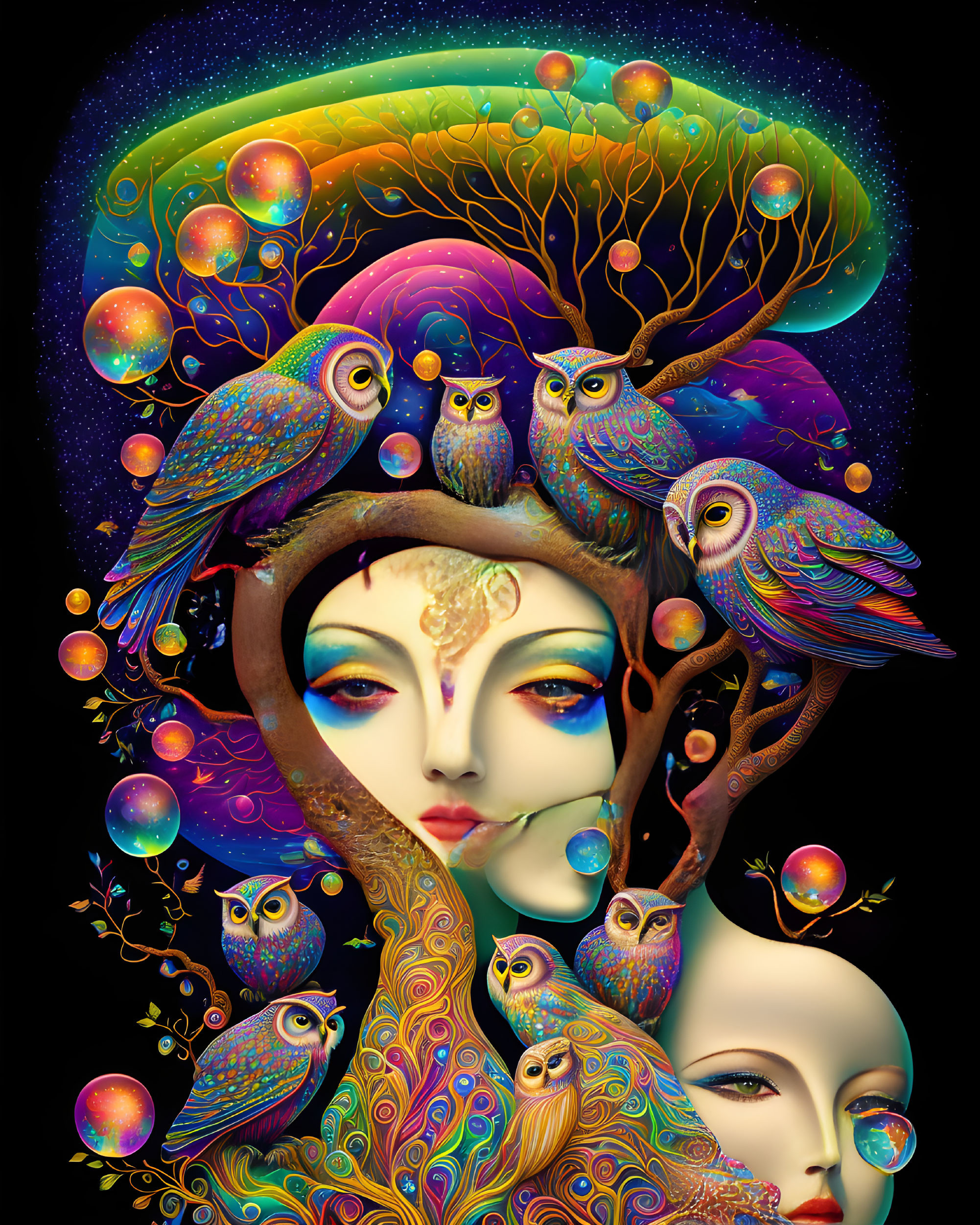 Surreal woman-tree hybrid with owls and cosmic elements