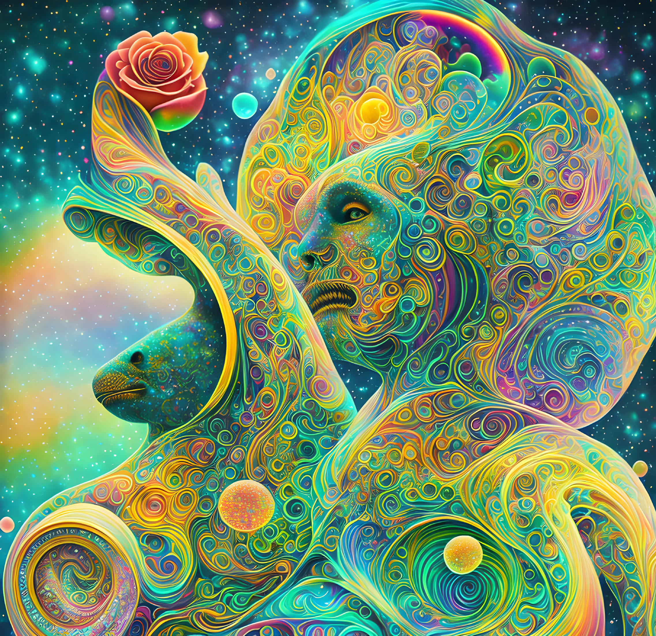 Colorful cosmic portrait with psychedelic pattern over woman's silhouette, rose, and stars.